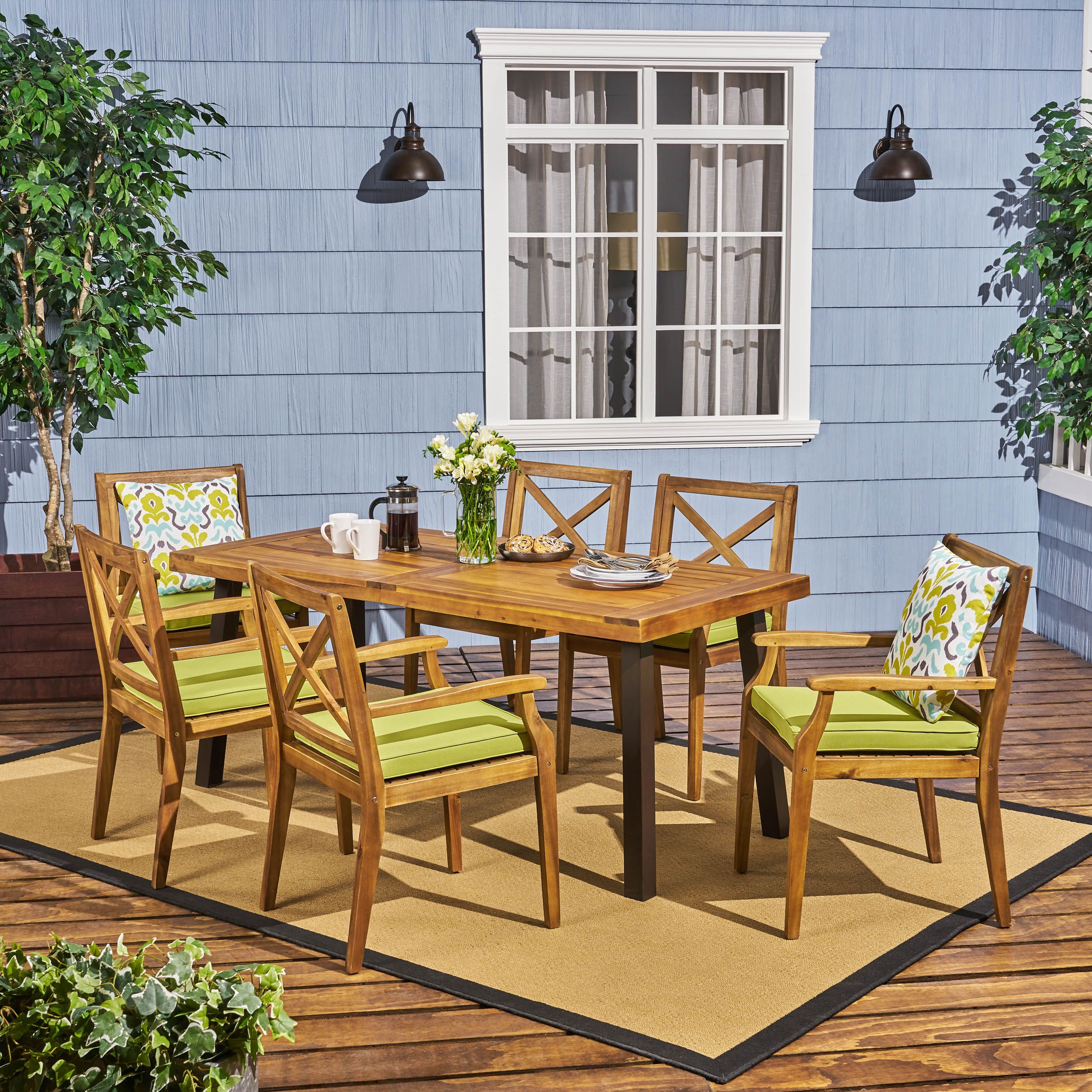 Corey Outdoor 7 Piece Acacia Wood Dining Set With Table, Teak, Rustic Throughout Acacia Wood Outdoor Seating Patio Sets (View 3 of 15)