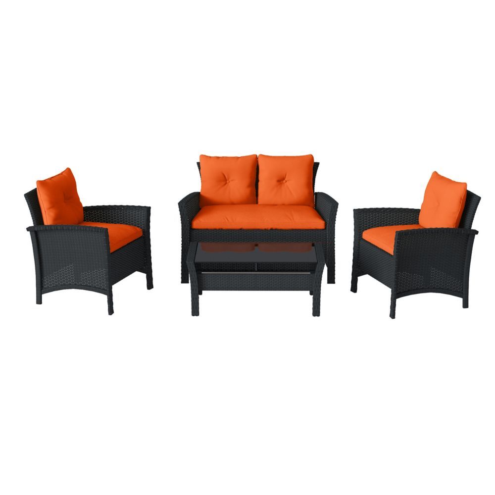 Corliving Cascade 4 Piece Black Resin Rattan Wicker Patio Set With Pertaining To Outdoor Wicker Orange Cushion Patio Sets (View 15 of 15)