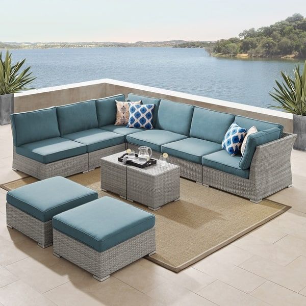 Corvus 10 Piece Grey Wicker Patio Sectional Conversation Sofa Set With Intended For Blue Cushion Patio Conversation Set (View 6 of 15)