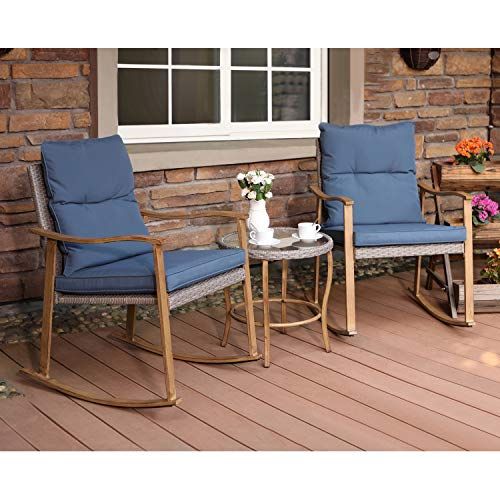 Cosiest 3 Piece Outdoor Patio Furniture Faux Woodgrain Rocking Chairs Intended For Blue 3 Piece Outdoor Seating Sets (View 3 of 15)