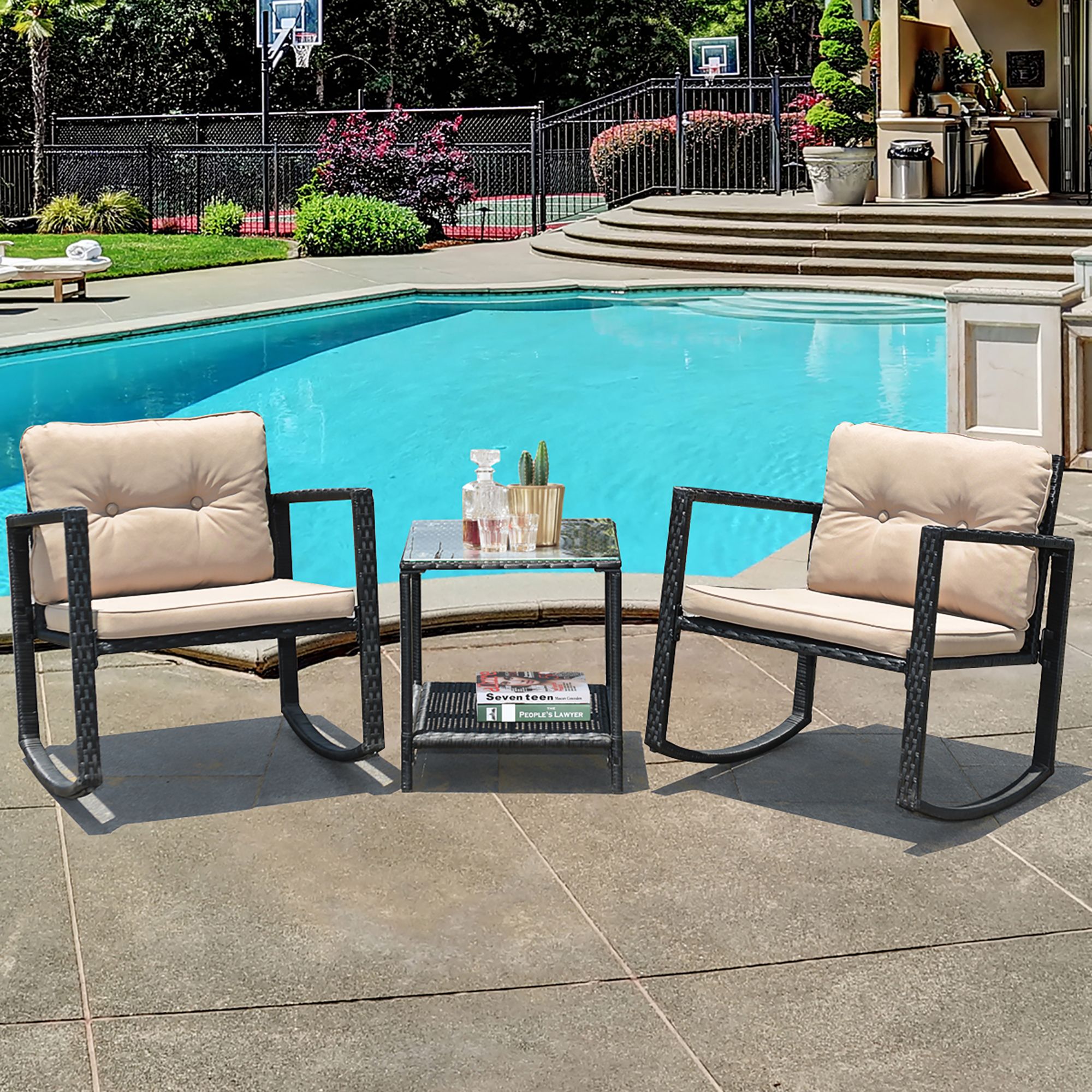 Costway 3 Piece Patio Wicker Bistro Furniture Set W/ 2 Rocking Chairs In 3 Piece Outdoor Table And Loveseat Sets (View 14 of 15)