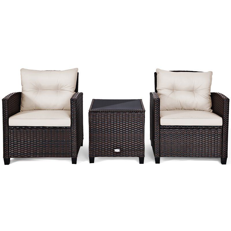 Costway 3 Piece Rattan Patio Furniture Set With Back & Seat Cushion In With Regard To Off White Outdoor Seating Patio Sets (View 13 of 15)