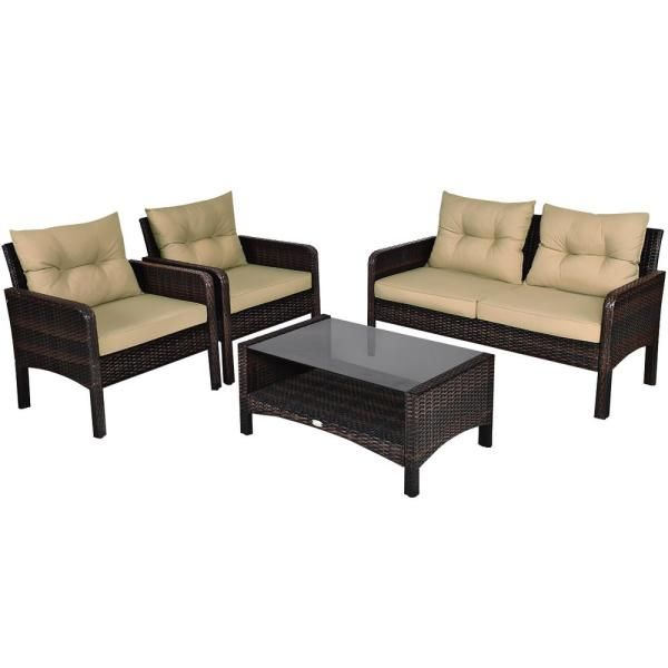 Costway Dark Brown 4 Piece Metal Wicker Outdoor Loveseat With Beige In Dark Brown Patio Chairs With Cushions (View 6 of 15)