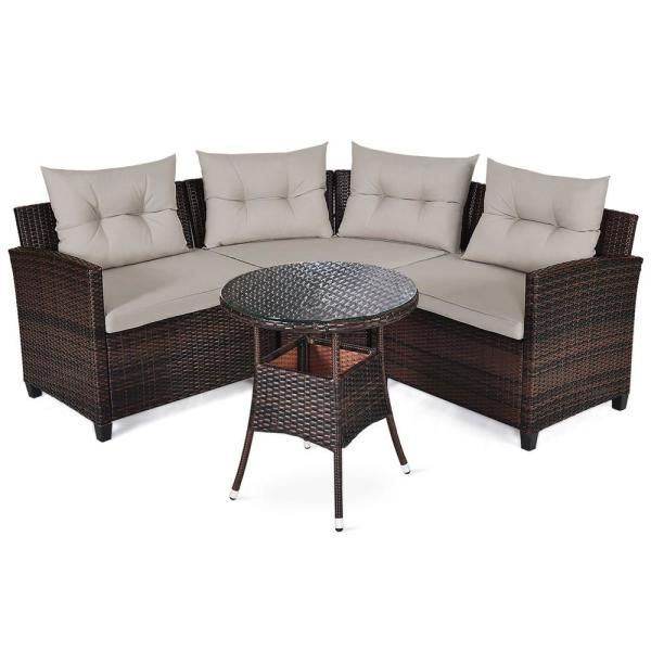 Costway Dark Brown 4 Piece Metal Wicker Outdoor Sectional Set With Grey With 4 Piece Outdoor Sectional Patio Sets (View 11 of 15)
