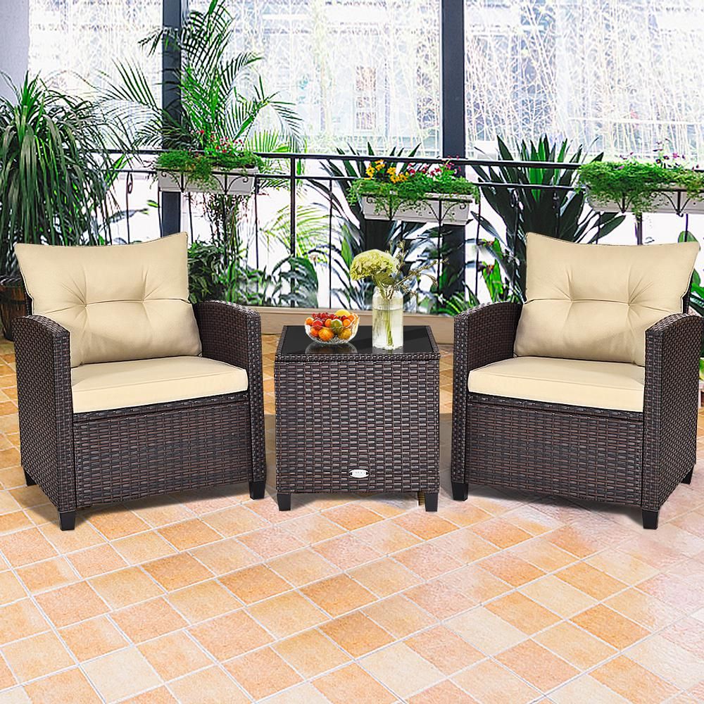 Costway Yellowish Cushion 3 Piece Rattan Wicker Patio Conversation Set With 3 Piece Outdoor Table And Loveseat Sets (View 3 of 15)