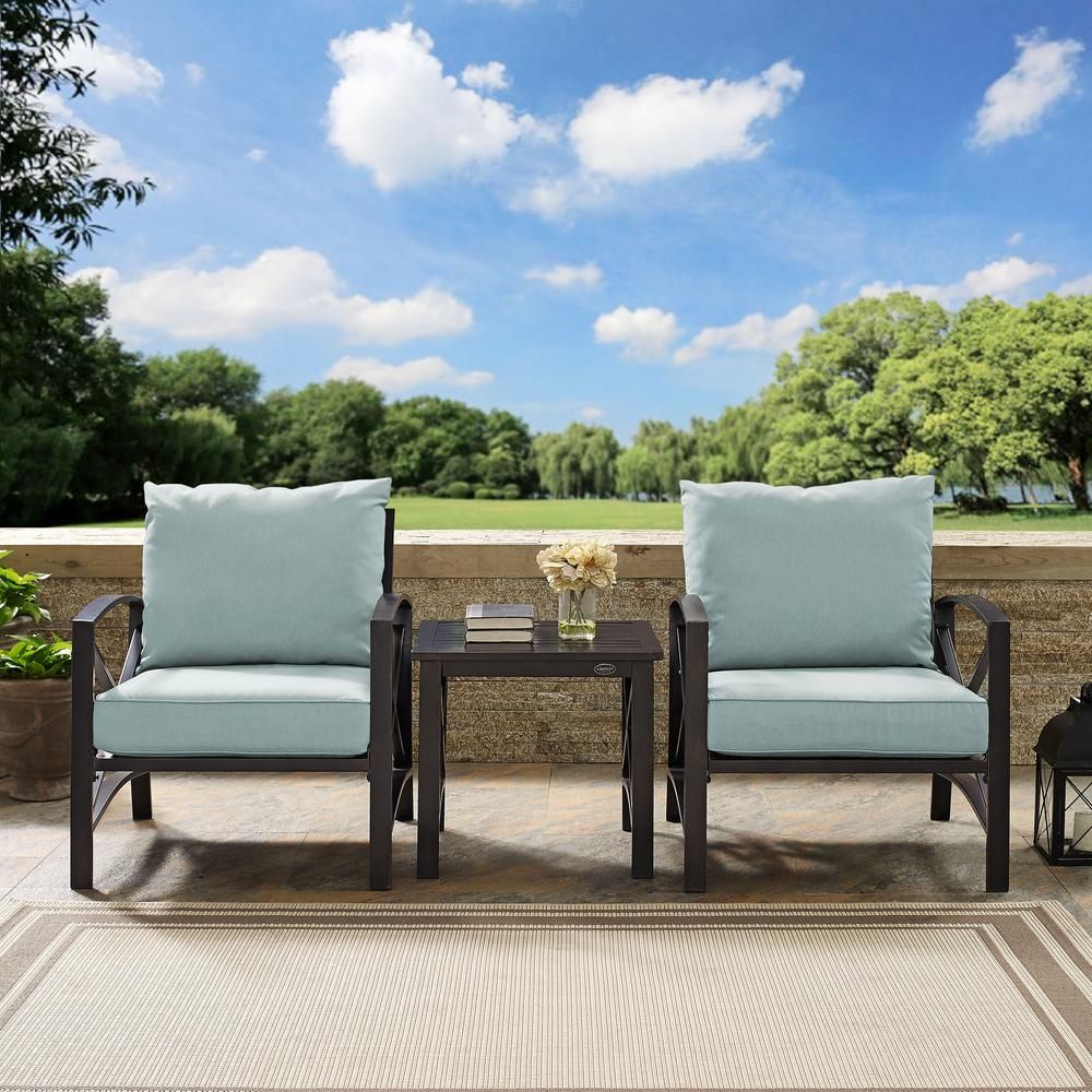 Crosley Kaplan 3 Piece Metal Outdoor Seating Set With Mist Cushions – 2 Pertaining To Mist Fabric Outdoor Patio Sets (View 6 of 15)