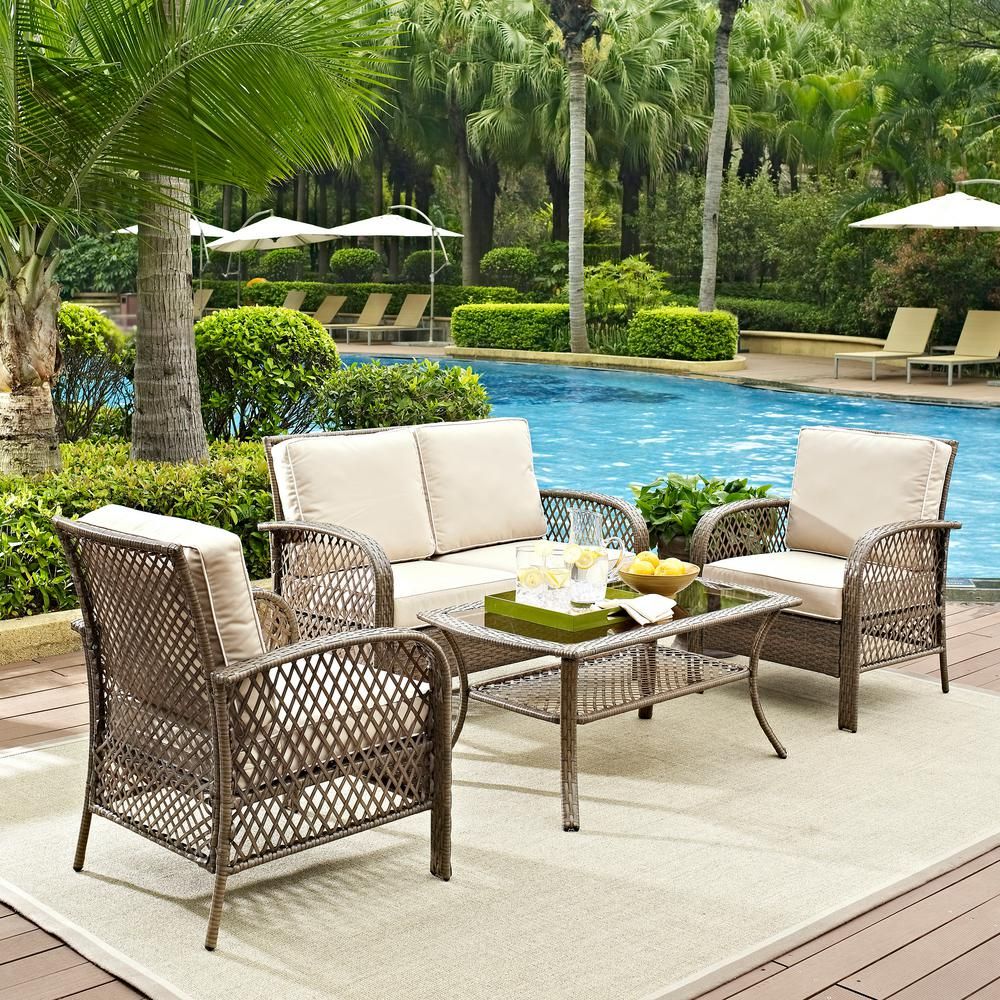 Crosley Tribeca 4 Piece Wicker Outdoor Patio Seating Set With Sand Throughout 4 Piece Gray Outdoor Patio Seating Sets (View 15 of 15)