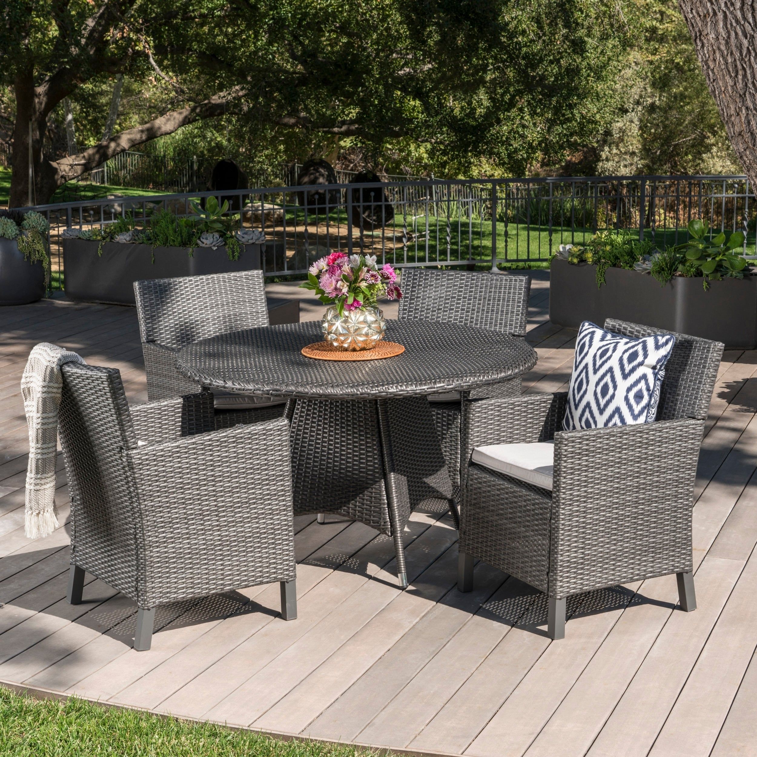 Cypress Outdoor 5 Piece Round Wicker Dining Set With | Ebay Inside Gray Wicker 5 Piece Round Patio Dining Sets (View 13 of 15)