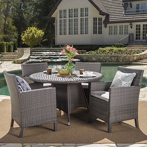 Cyril Outdoor 5 Piece Grey Wicker Round Dining Set With Light Grey Throughout Gray Wicker 5 Piece Round Patio Dining Sets (View 14 of 15)
