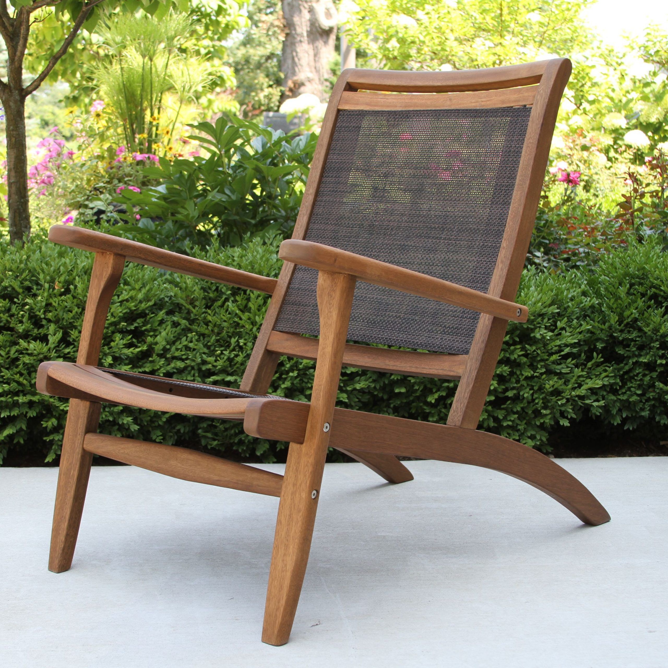 Dark Brown Sling & Eucalyptus Wood Lounger For Decks, Patios, Porches In Dark Brown Wood Outdoor Chairs (View 11 of 15)