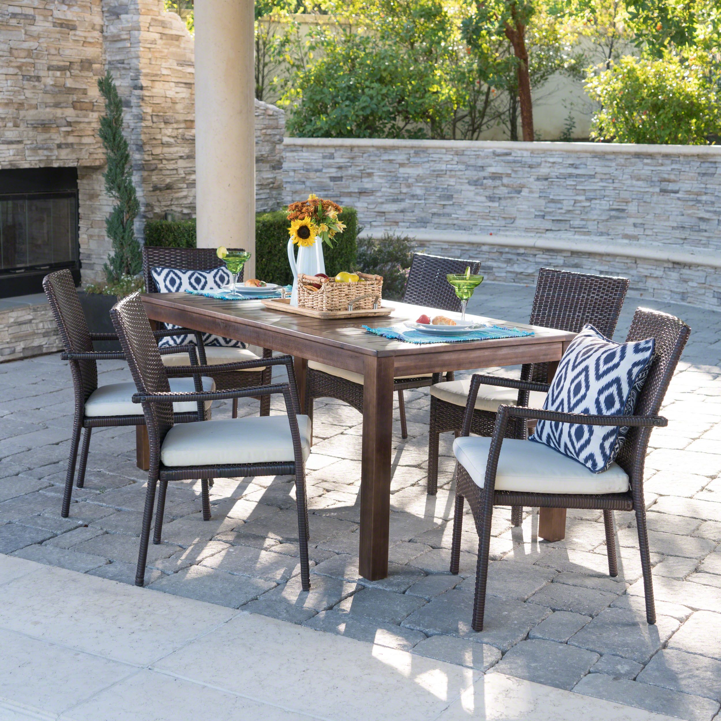 Deacon Outdoor 7 Piece Dining Set With Wood Table And Wicker Dining Inside Dark Brown Patio Dining Sets (View 12 of 15)