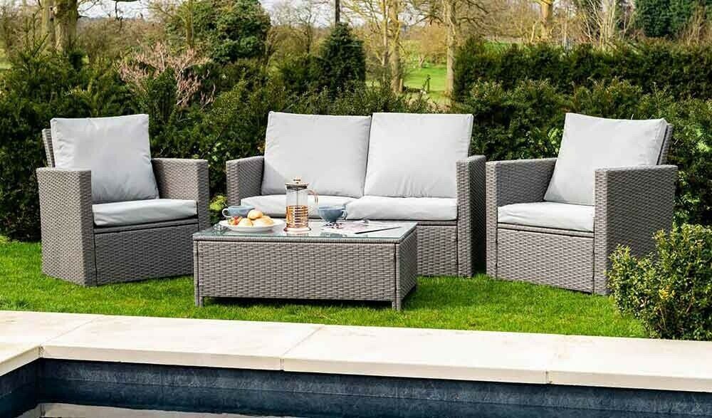 Details About 4 Piece Rattan Set Table Sofa & 2 Chairs Garden Outdoor With Regard To 4 Piece Gray Outdoor Patio Seating Sets (View 3 of 15)