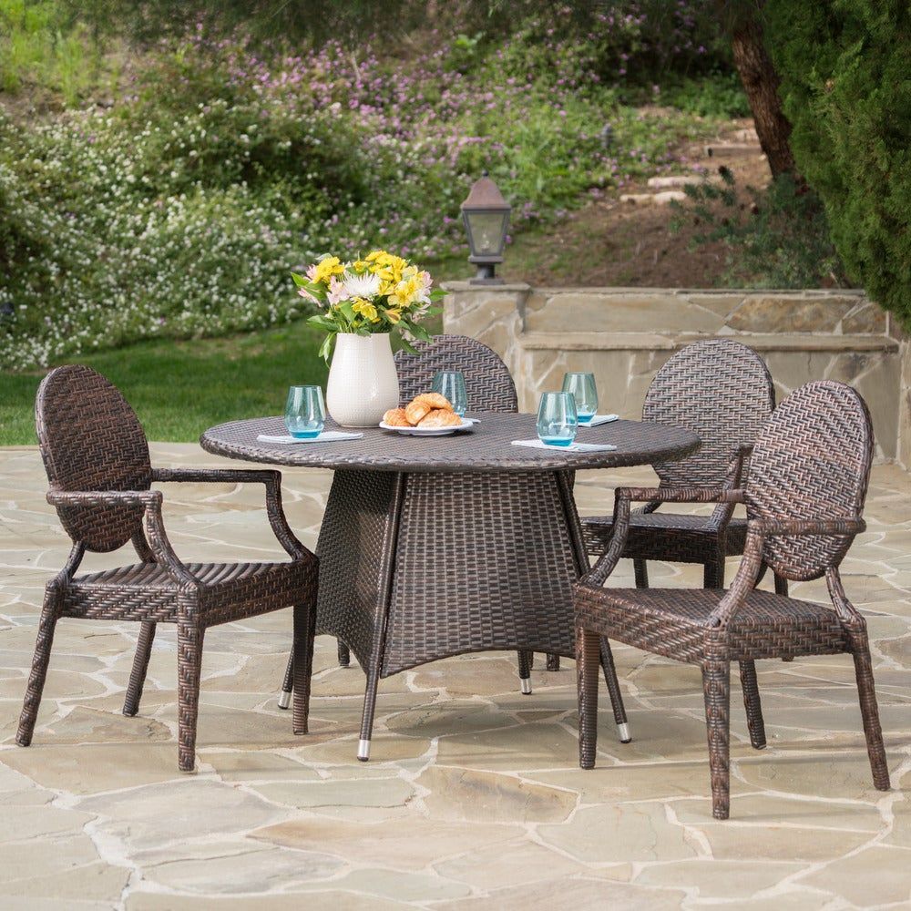 Dixon Outdoor Round Wicker 5 Piece Dining Set With Umbrella Hole Pertaining To Wicker 5 Piece Round Patio Dining Sets (View 3 of 15)