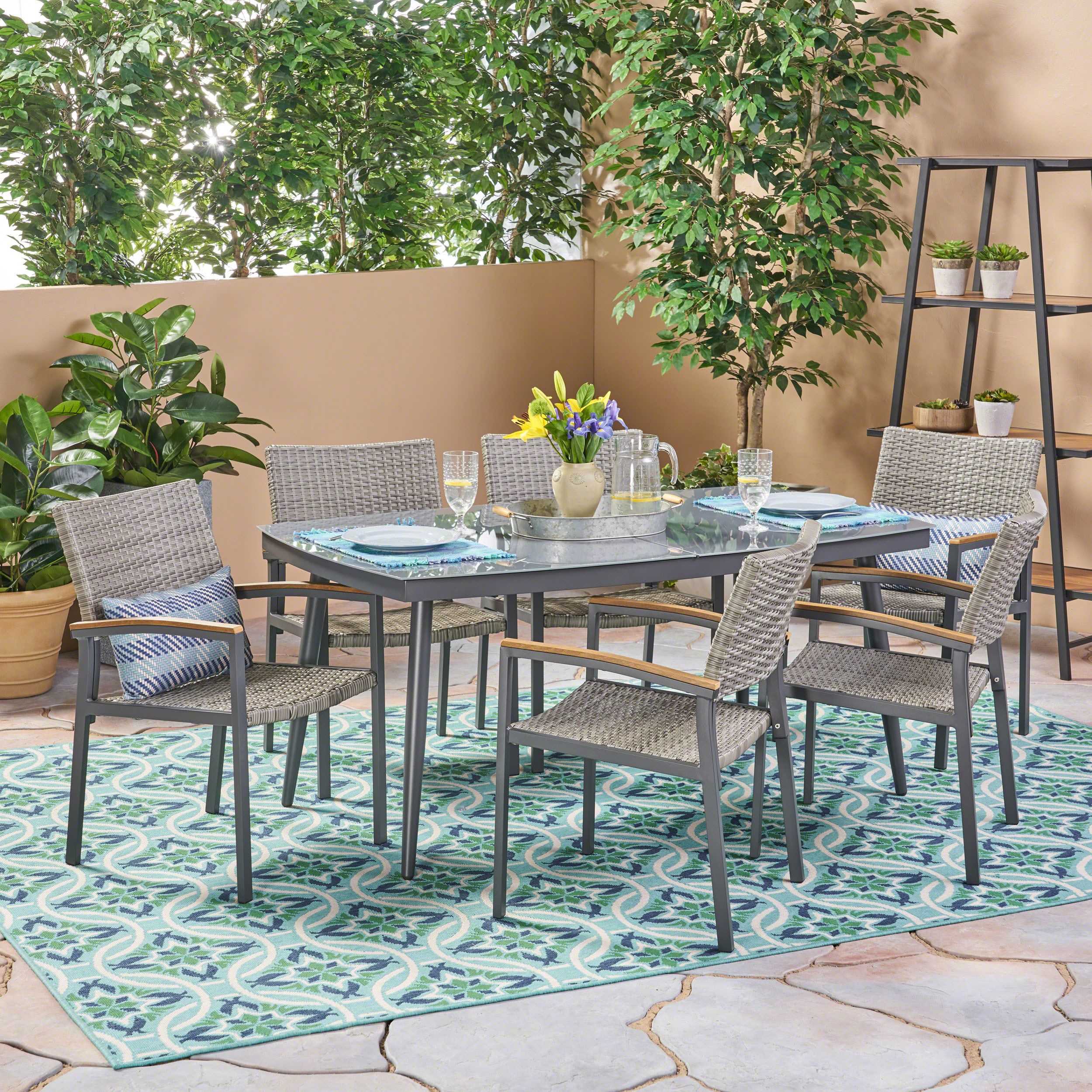 Dominic Outdoor 7 Piece Aluminum And Wicker Dining Set With Glass Top Regarding Gray Wicker Rectangular Patio Dining Sets (View 3 of 15)