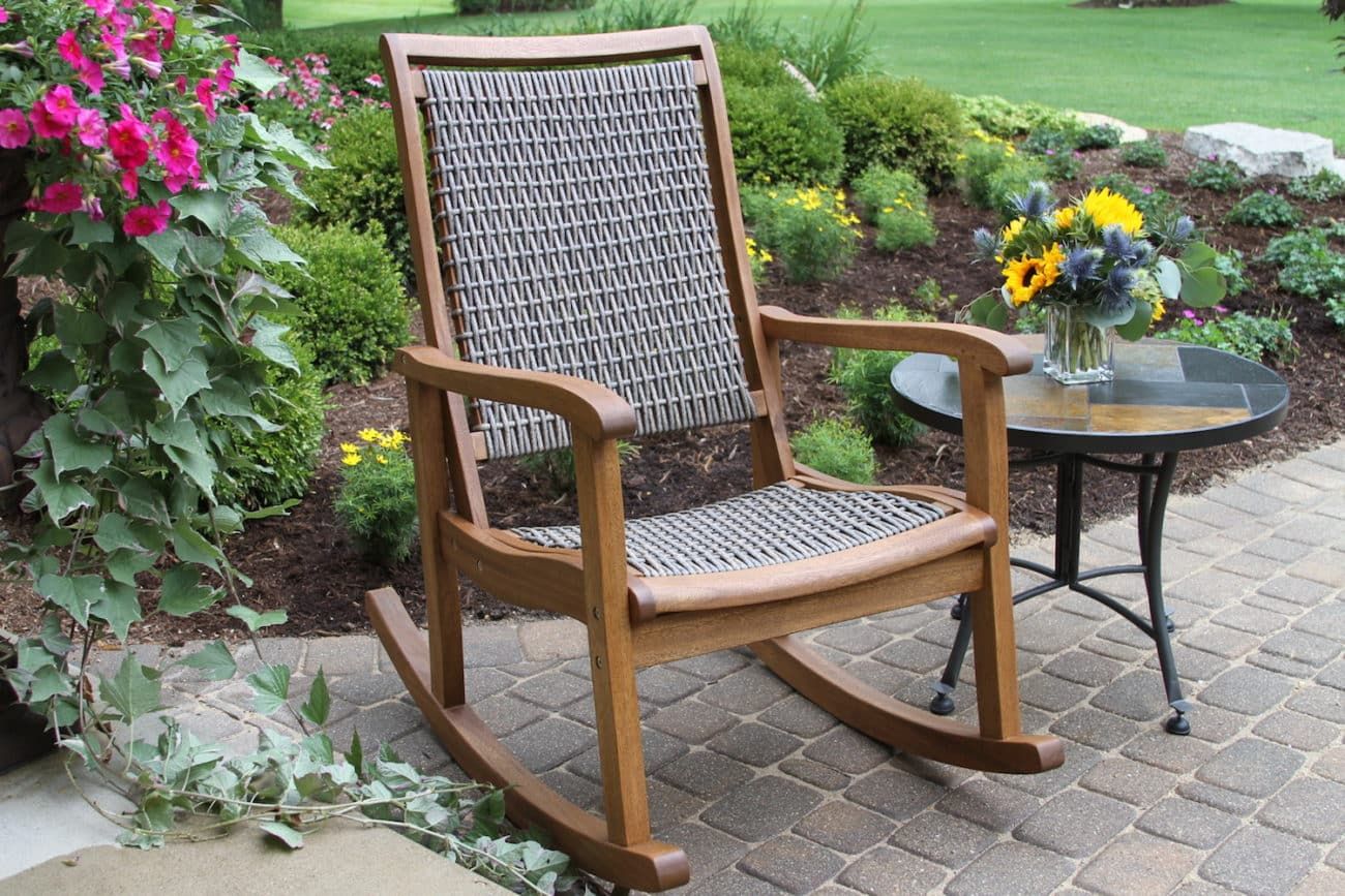 Driftwood Grey Wicker & Eucalyptus Wood Rocking Chair Within Gray Wash Wood Porch Patio Chairs Sets (View 9 of 15)