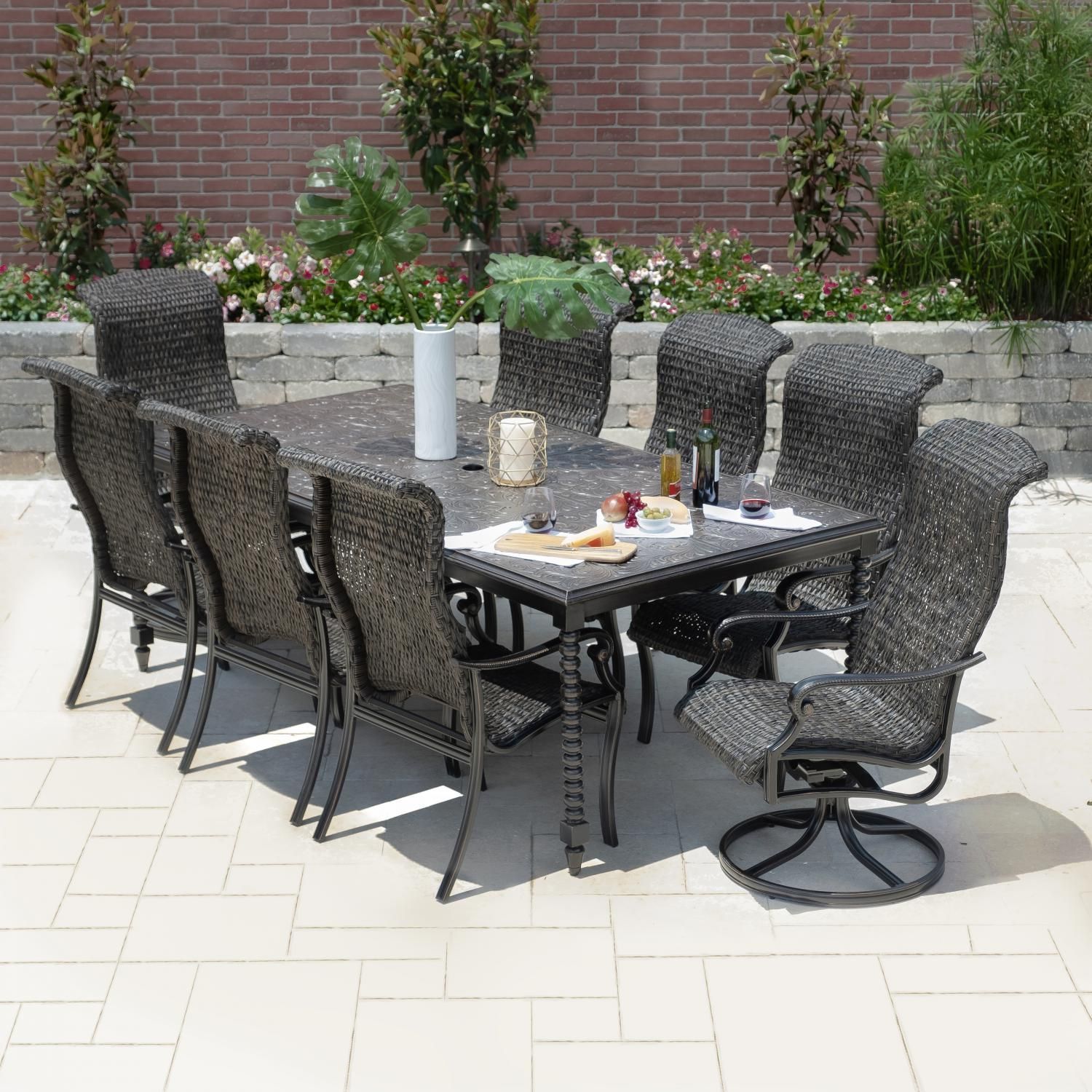 Du Monde 9 Piece Banana Leaf Wicker Patio Dining Set W/ 90 X 46 Inch Throughout 9 Piece Patio Dining Sets (View 13 of 15)