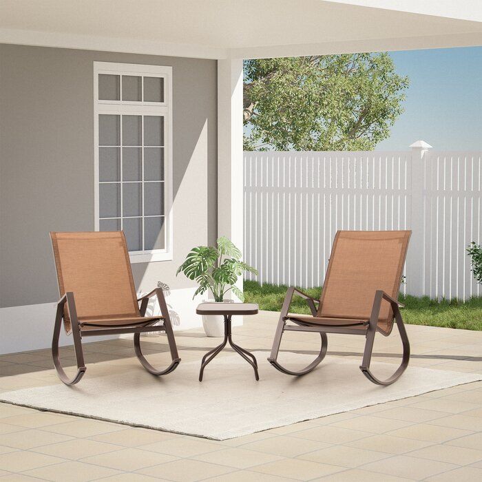 Ebern Designs 3 Pcs Patio Bistro Set, Rocking Chairs & Tempered Class Regarding Outdoor Rocking Chair Sets With Coffee Table (View 11 of 15)