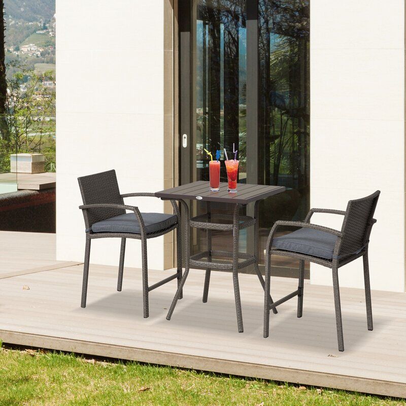 Ebern Designs 3 Piece Outdoor Pe Rattan Wicker Patio Conversation Table Pertaining To 3 Piece Outdoor Table And Chair Sets (View 6 of 15)