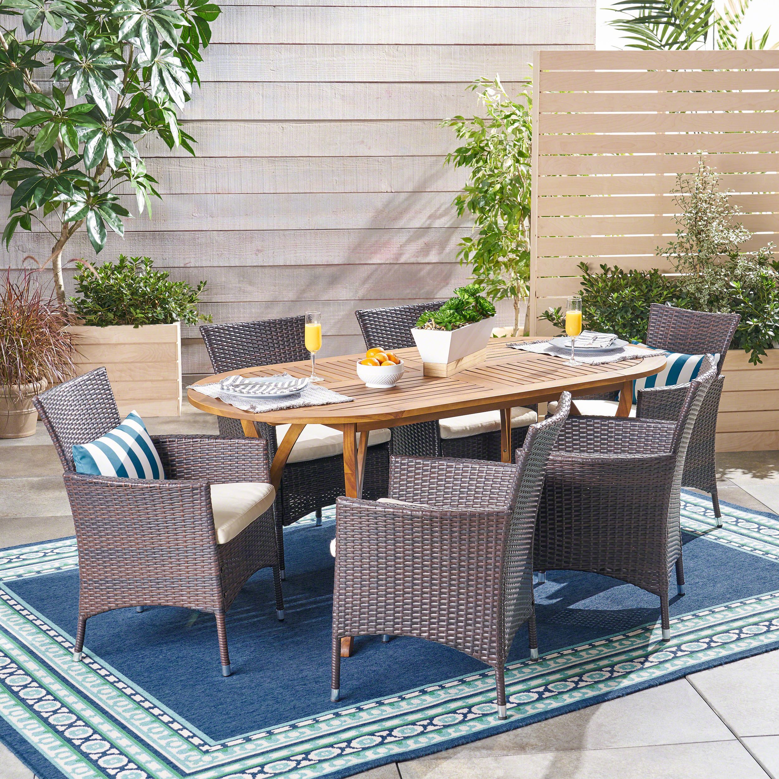 Edna Outdoor 7 Piece Acacia Wood And Wicker Dining Set, Teak With Multi Pertaining To Brown Acacia Patio Dining Sets (View 8 of 15)
