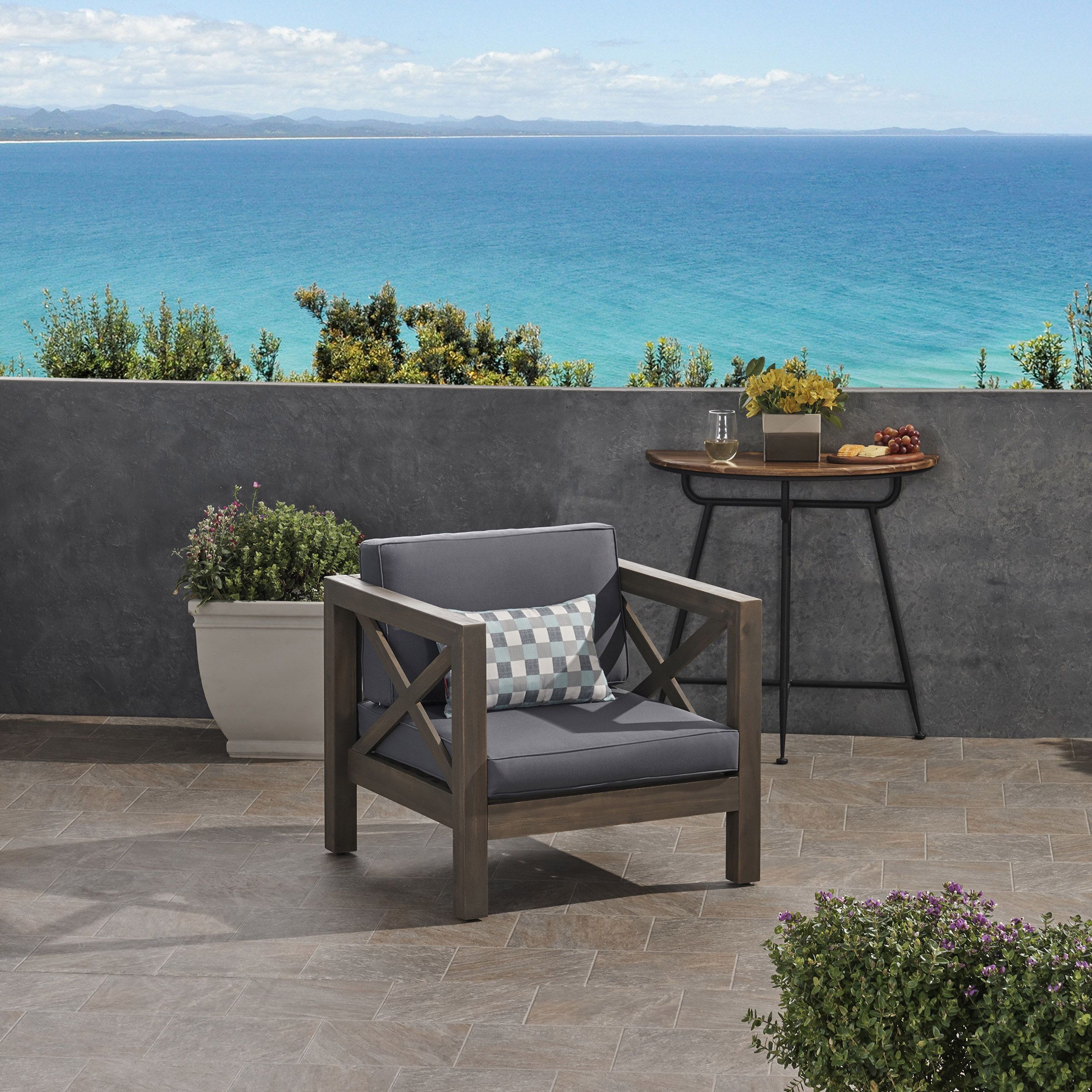 Elisha Outdoor Acacia Wood Club Chair With Cushion, Gray And Dark Gray In Dark Wood Outdoor Chairs (View 5 of 15)
