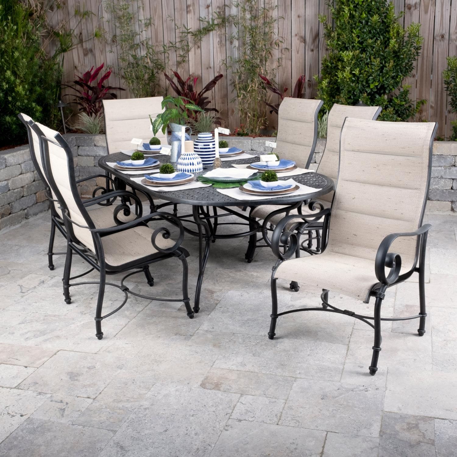 Elysian 7 Piece Padded Sunbrella Sling Patio Dining Set W/ 84 X 42 Inch Throughout Oval 7 Piece Outdoor Patio Dining Sets (View 7 of 15)