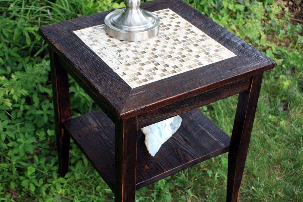 End Table, Glass & Stone Tile Mosaic, Reclaimed Wood, Dark Brown Finish Pertaining To Mosaic Tile Top Round Side Tables (View 12 of 15)