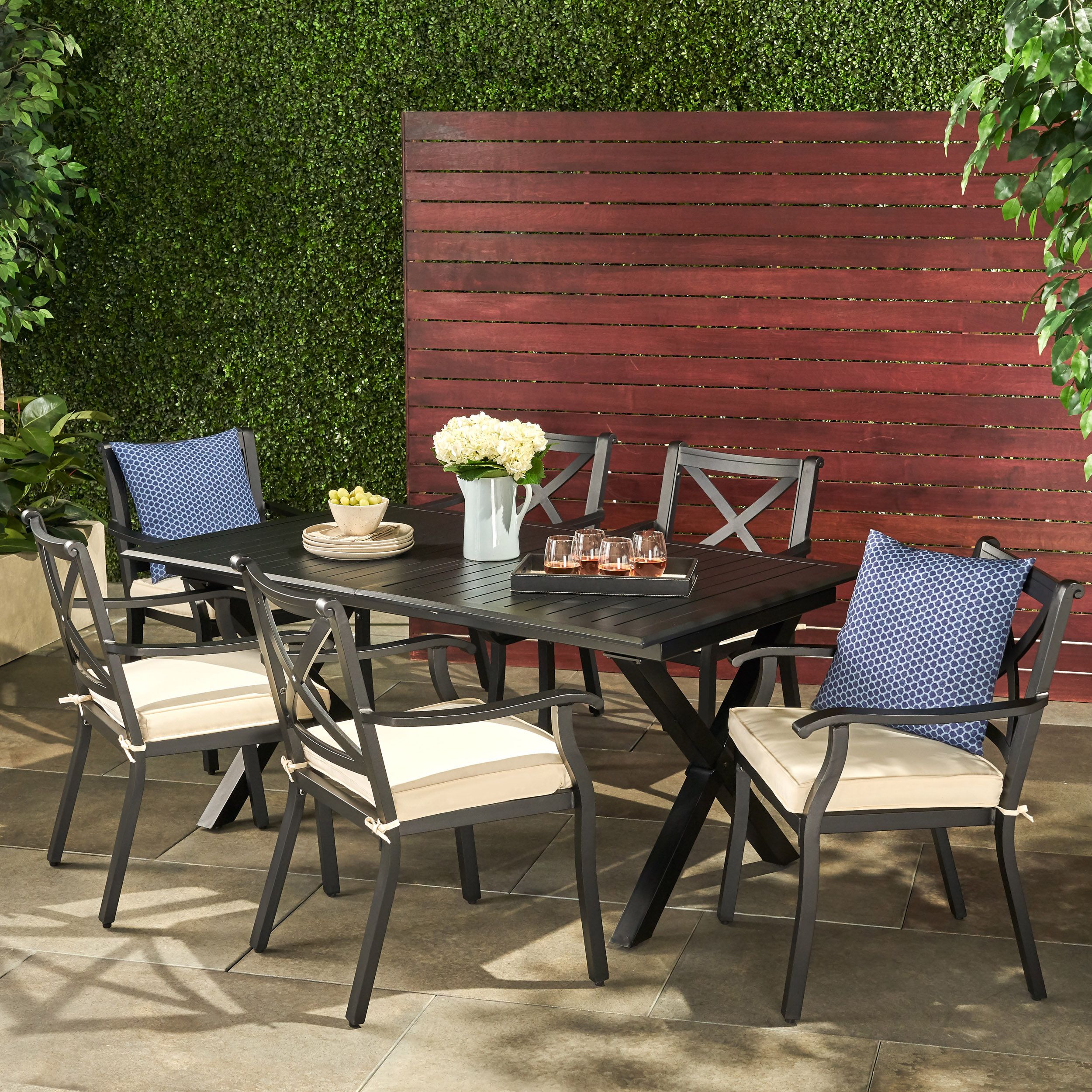 Eowyn Outdoor 7 Piece Cast Aluminum Dining Set With Ivory Water Intended For Patio Dining Sets With Cushions (View 4 of 15)