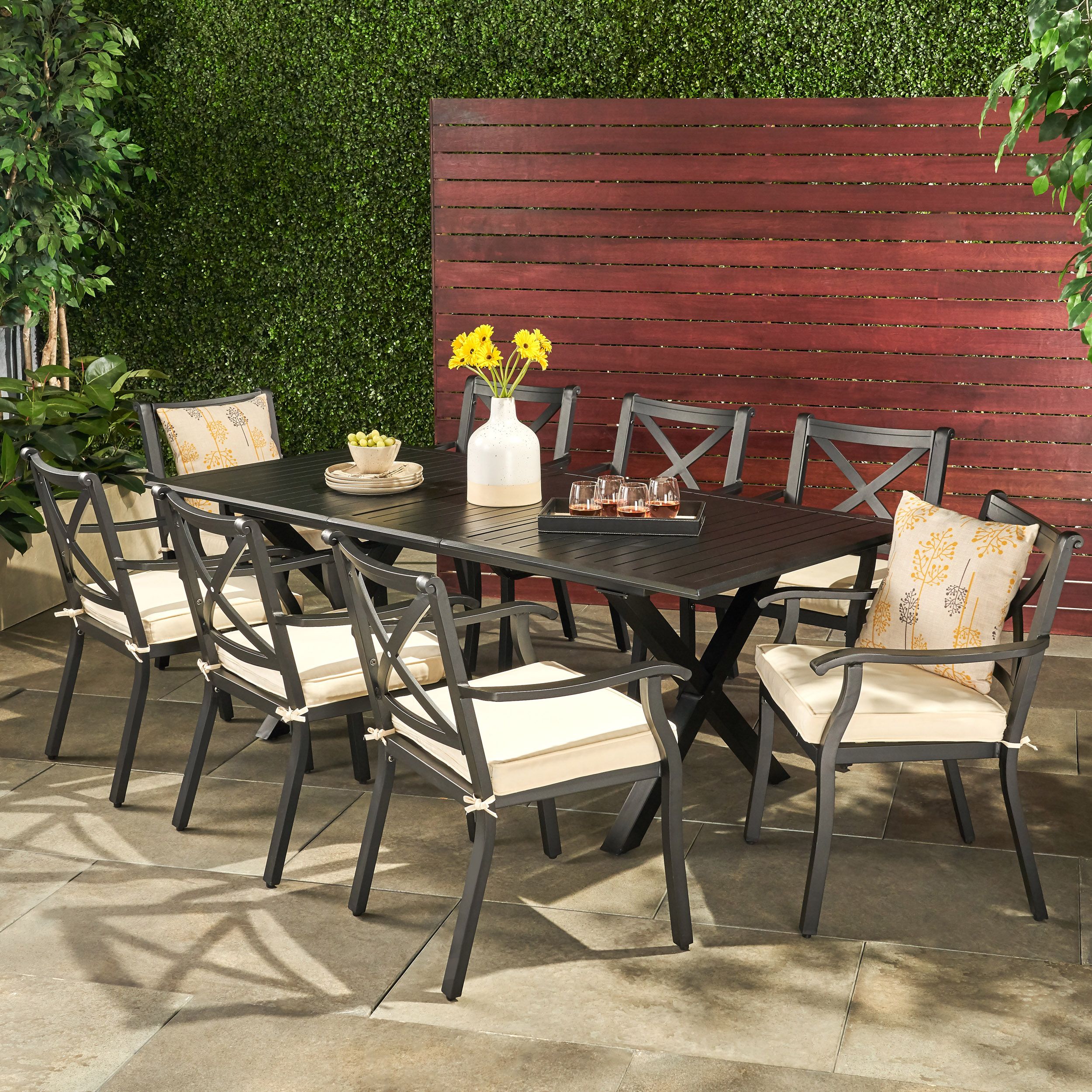 Eowyn Outdoor 9 Piece Cast Aluminum Dining Set With Ivory Water Inside 9 Piece Rectangular Patio Dining Sets (View 8 of 15)