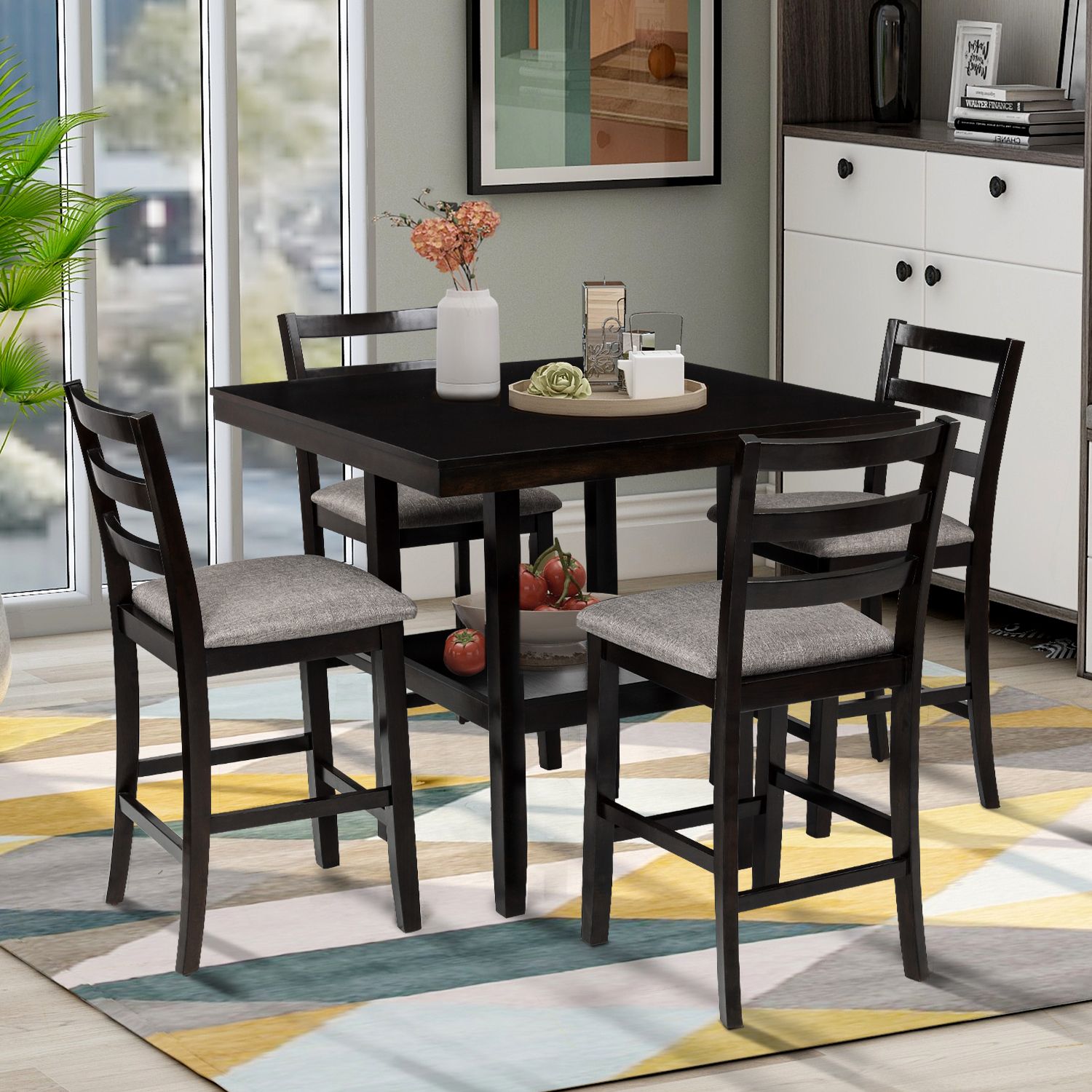 Euroco 5 Piece Counter Height Dining Set, Wooden Dining Set With Padded With Regard To Wood Bistro Table And Chairs Sets (View 9 of 15)