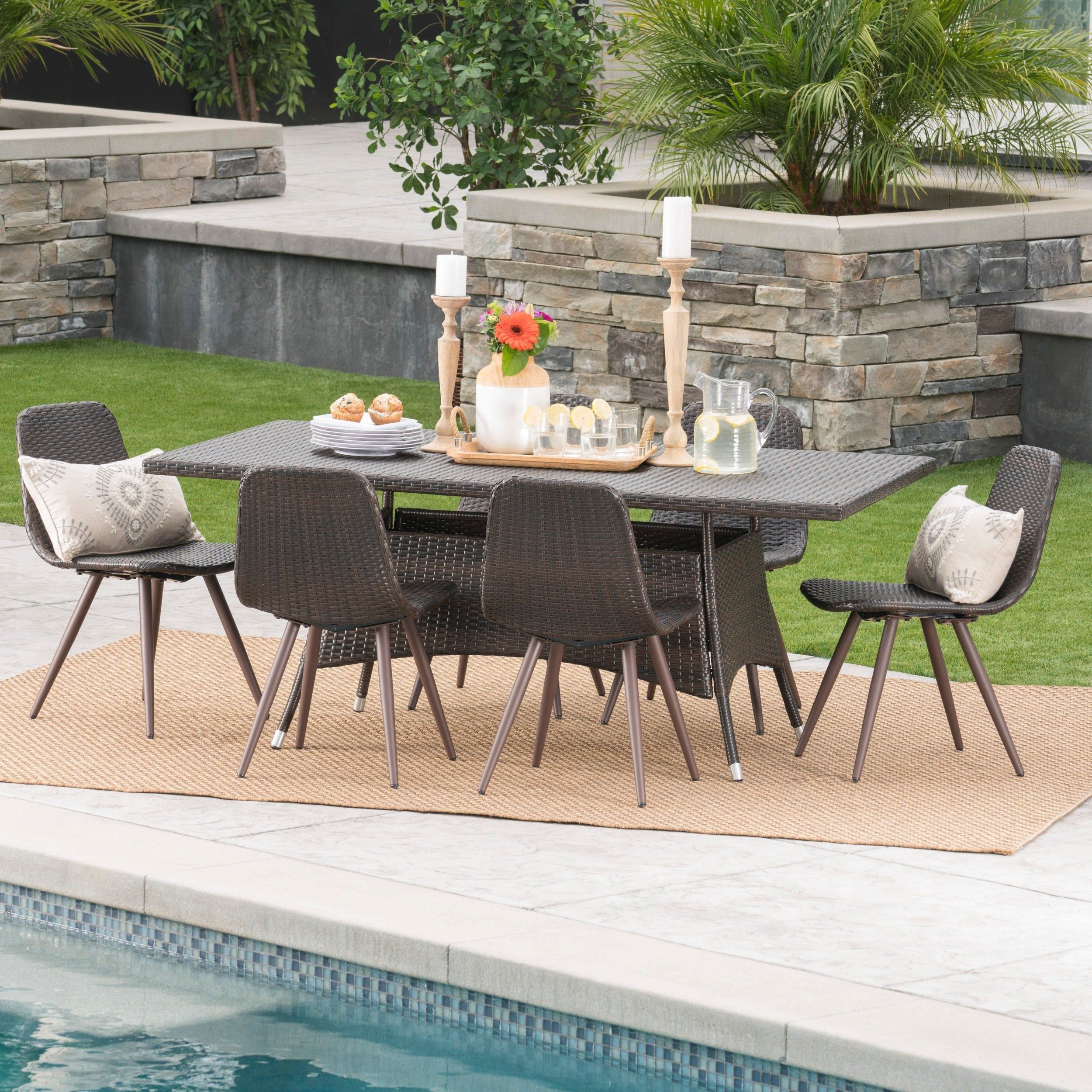 Ezra Outdoor 7 Piece Rectangle Wicker Dining Setbrown 7 Piece Sets Intended For Brown Wicker Rectangular Patio Dining Sets (View 5 of 15)