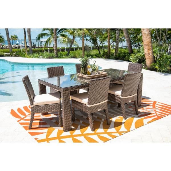 Fiji Brown 7 Piece Wicker Outdoor Dining Set With Off White Cushions With Off White Cushion Patio Dining Sets (View 10 of 15)