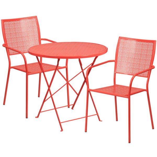 Flash Furniture 30'' Round Coral Indoor Outdoor Steel Folding Patio Throughout Red Metal Outdoor Table And Chairs Sets (View 3 of 15)