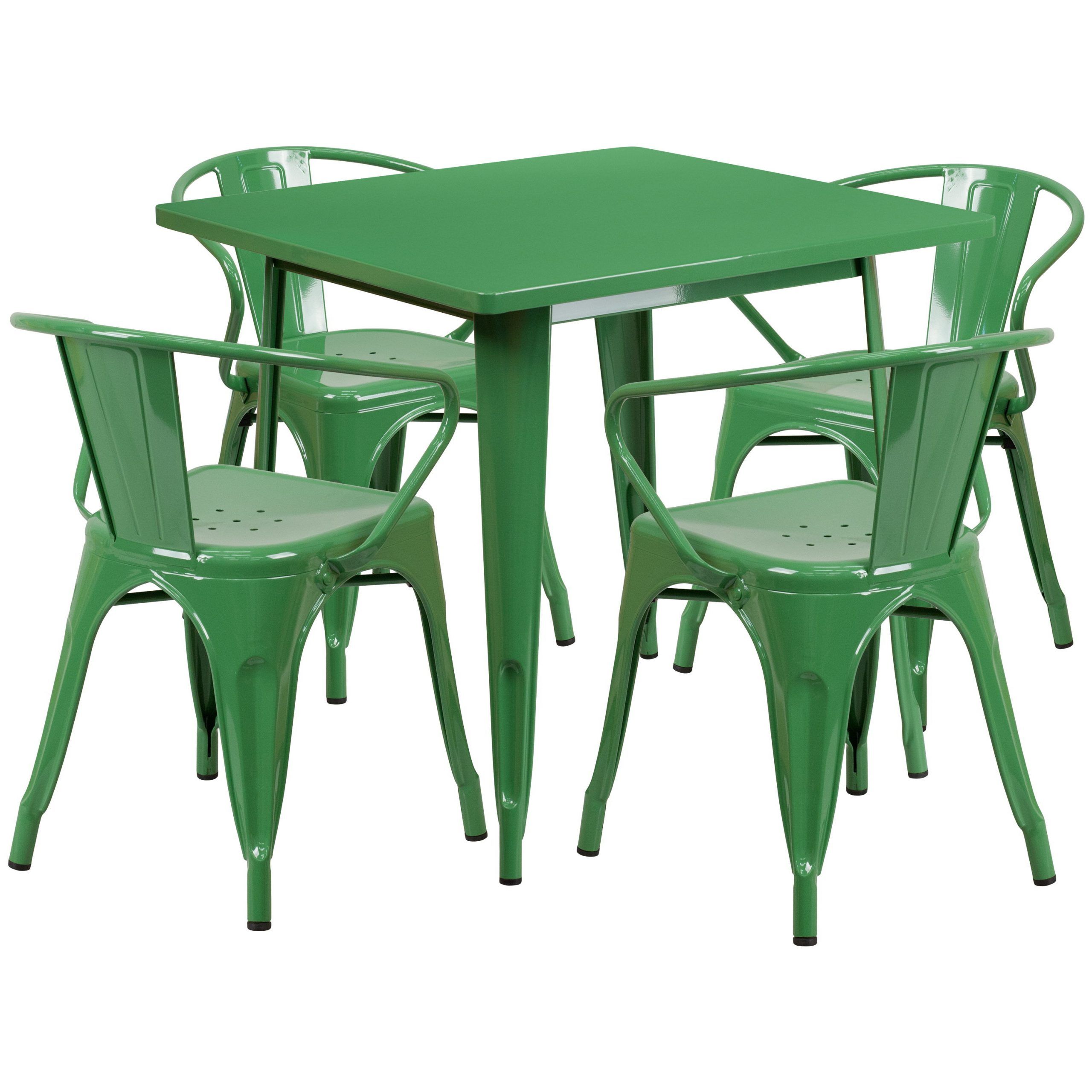 Flash Furniture Square Top Green Metal Indoor Outdoor Table Set With 4 Pertaining To Green Steel Indoor Outdoor Armchair Sets (View 14 of 15)
