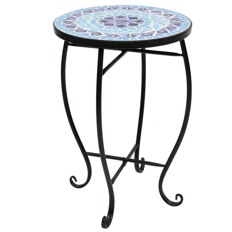 Fleur De Lis Living Christiana Blue Ocean Mosaic Wrought Iron Outdoor With Regard To Blue Mosaic Black Iron Outdoor Accent Tables (View 3 of 15)