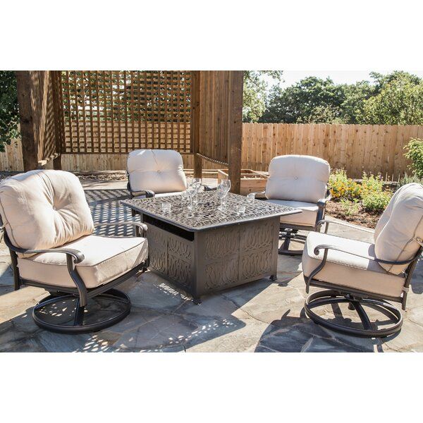Fleur De Lis Living Gunter 5 Piece Firepit With Sunbrella Cushions In Fabric 5 Piece 4 Seat Outdoor Patio Sets (View 2 of 15)