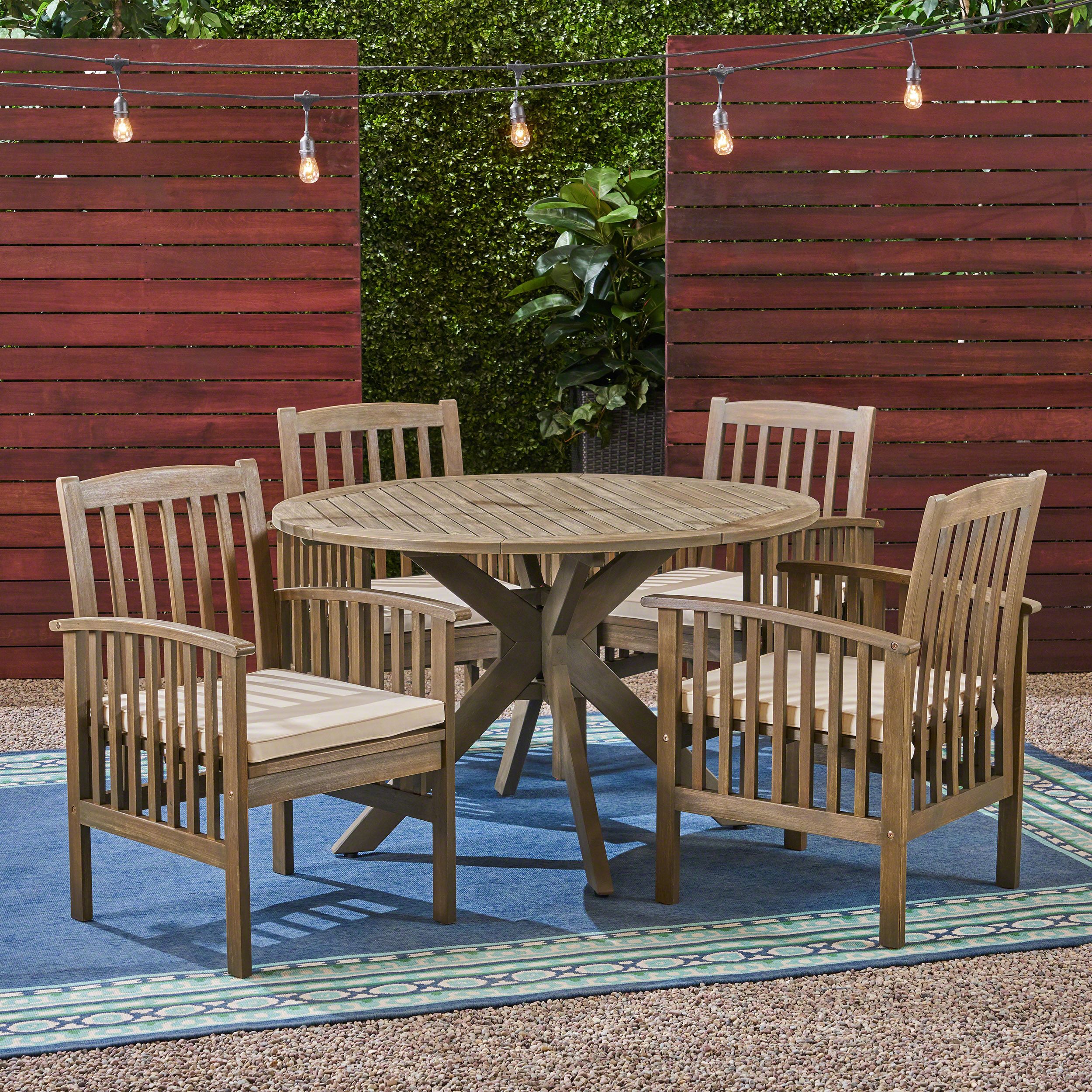 Frederic Outdoor 5 Piece Acacia Wood 47" Round Dining Set With X Legs Within Acacia Wood Outdoor Seating Patio Sets (View 7 of 15)