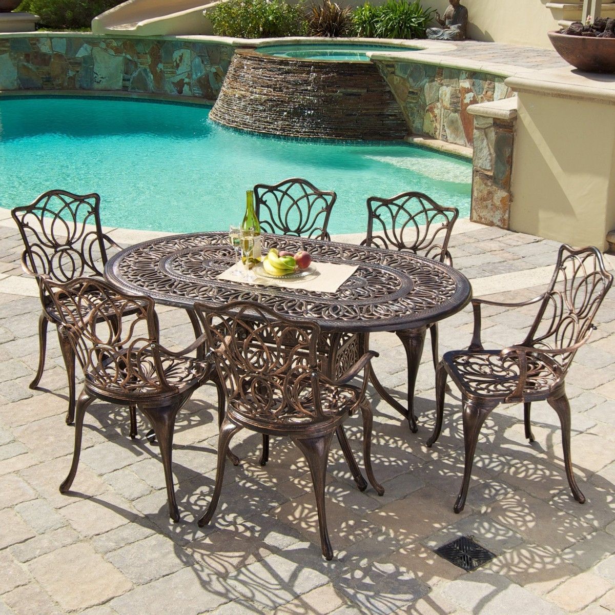 Gardena Cast Aluminum 7 Piece Outdoor Dining Set With Oval Table Intended For 7 Piece Outdoor Oval Dining Sets (View 2 of 15)