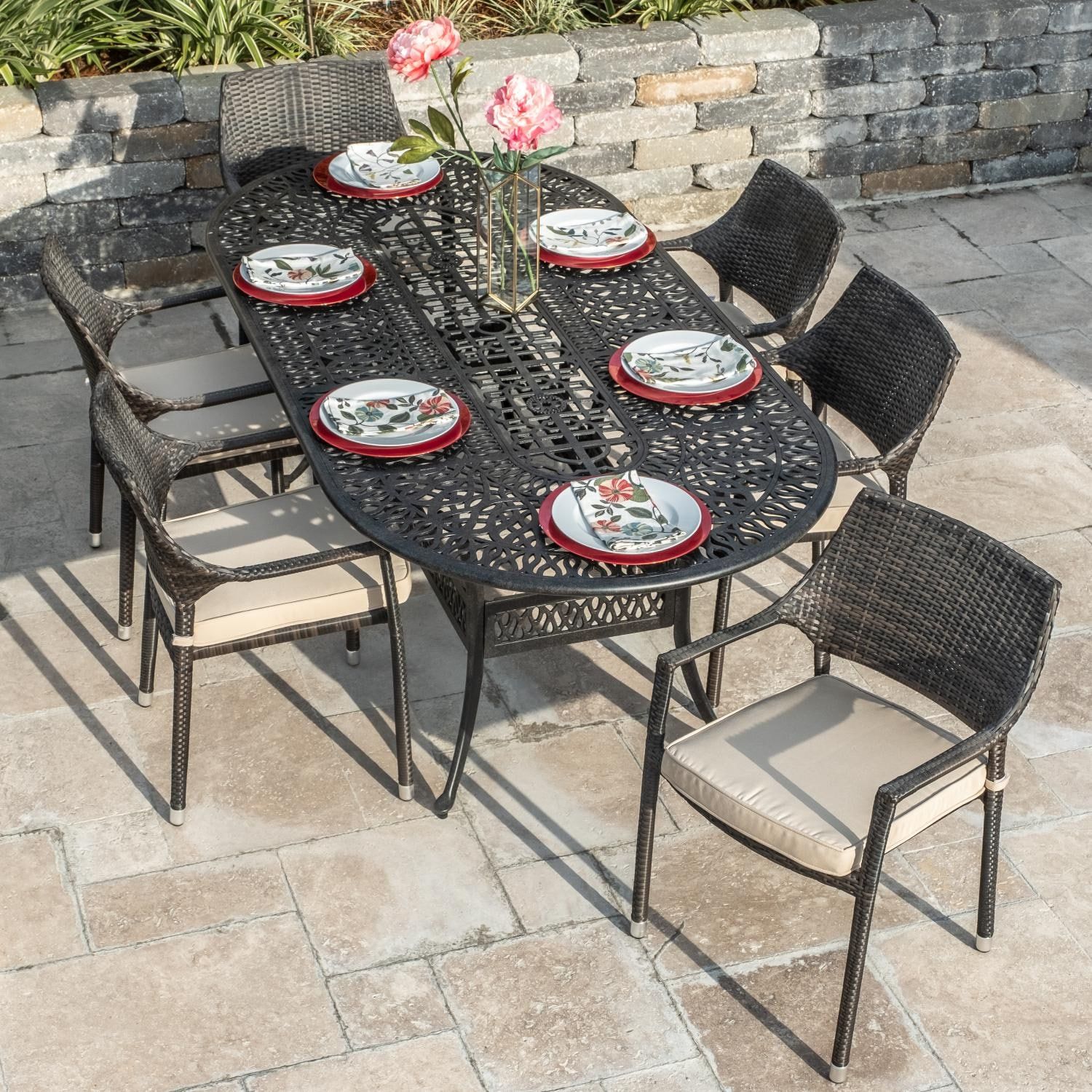 Gentilly 7 Piece Wicker Patio Dining Set W/ 86 X 42 Inch Oval Table For Oval 7 Piece Outdoor Patio Dining Sets (View 9 of 15)