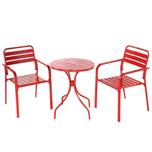 Giantex 3Pcs Bistro Round Table Chair Furniture Set Table Patio Steel With Red Metal Outdoor Table And Chairs Sets (View 7 of 15)
