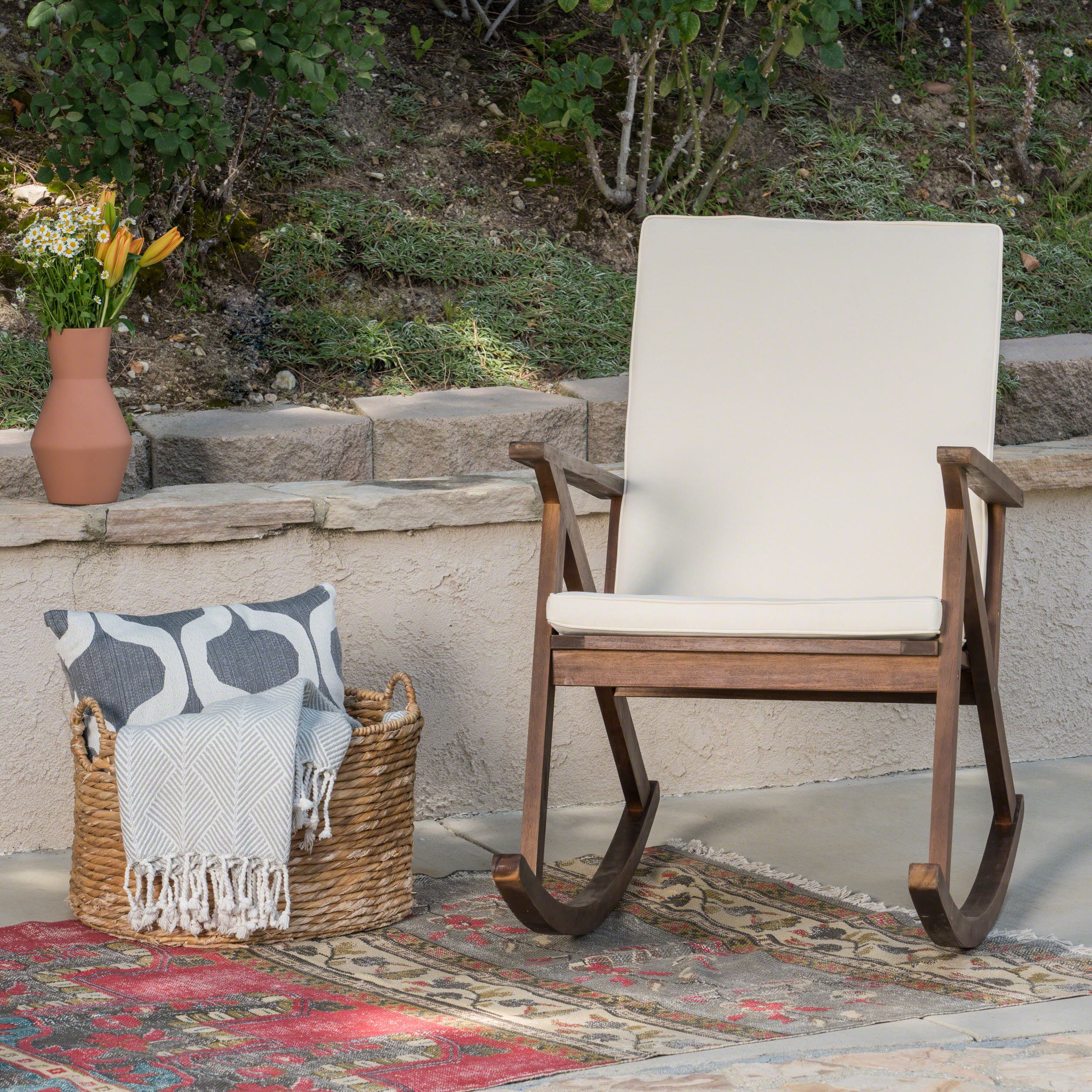 Giovanni Outdoor Acacia Wood Rocking Chair With Cushion, Dark Brown Throughout Dark Brown Wood Outdoor Chairs (View 6 of 15)