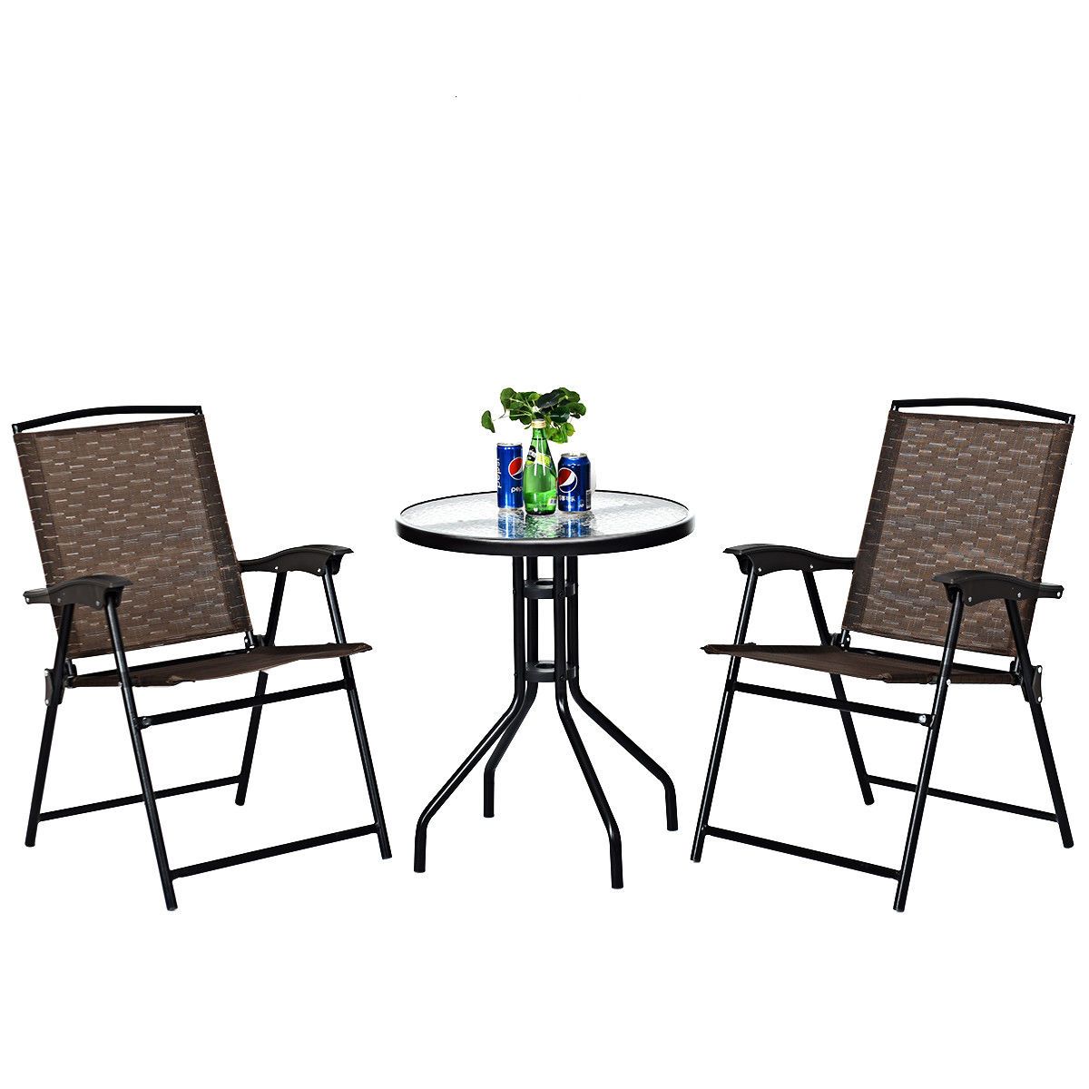 Goplus 3 Piece Folding Bistro Patio Garden Furniture Set Round Table With Regard To 3 Piece Outdoor Table And Chair Sets (View 8 of 15)