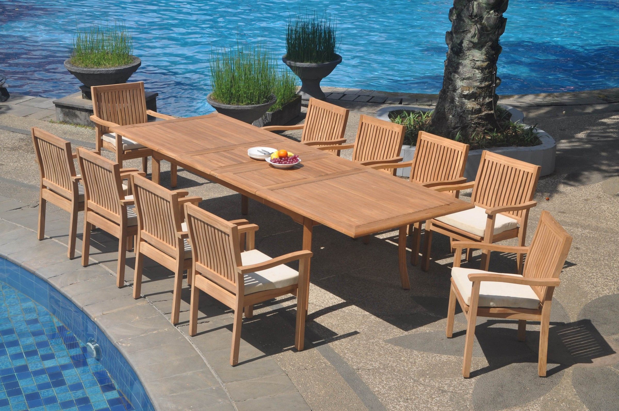 Grade A Teak Dining Set: 10 Seater 11 Pc: 118" Double Extension For Teak Wood Outdoor Table And Chairs Sets (View 4 of 15)