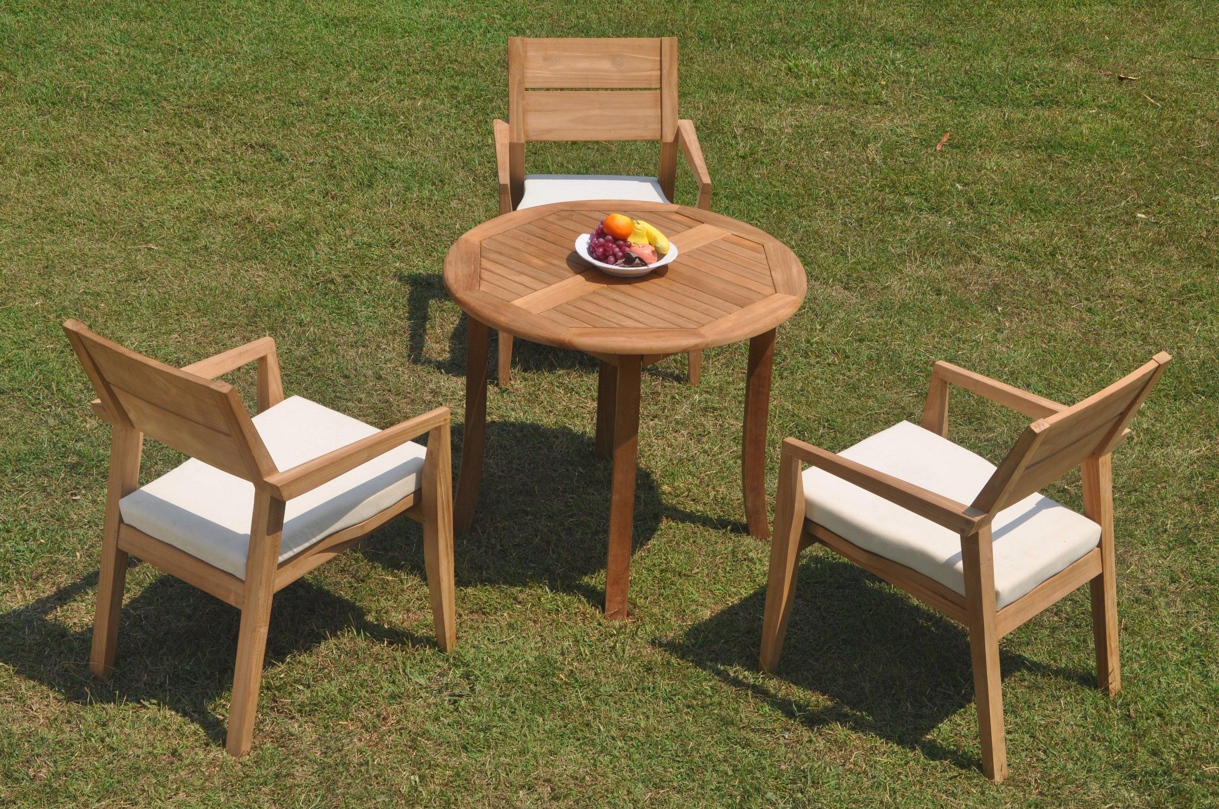 Grade A Teak Dining Set: 3 Seater 4 Pc: 36" Round Table And 3 Vellore Throughout Teak Armchair Round Patio Dining Sets (View 2 of 15)
