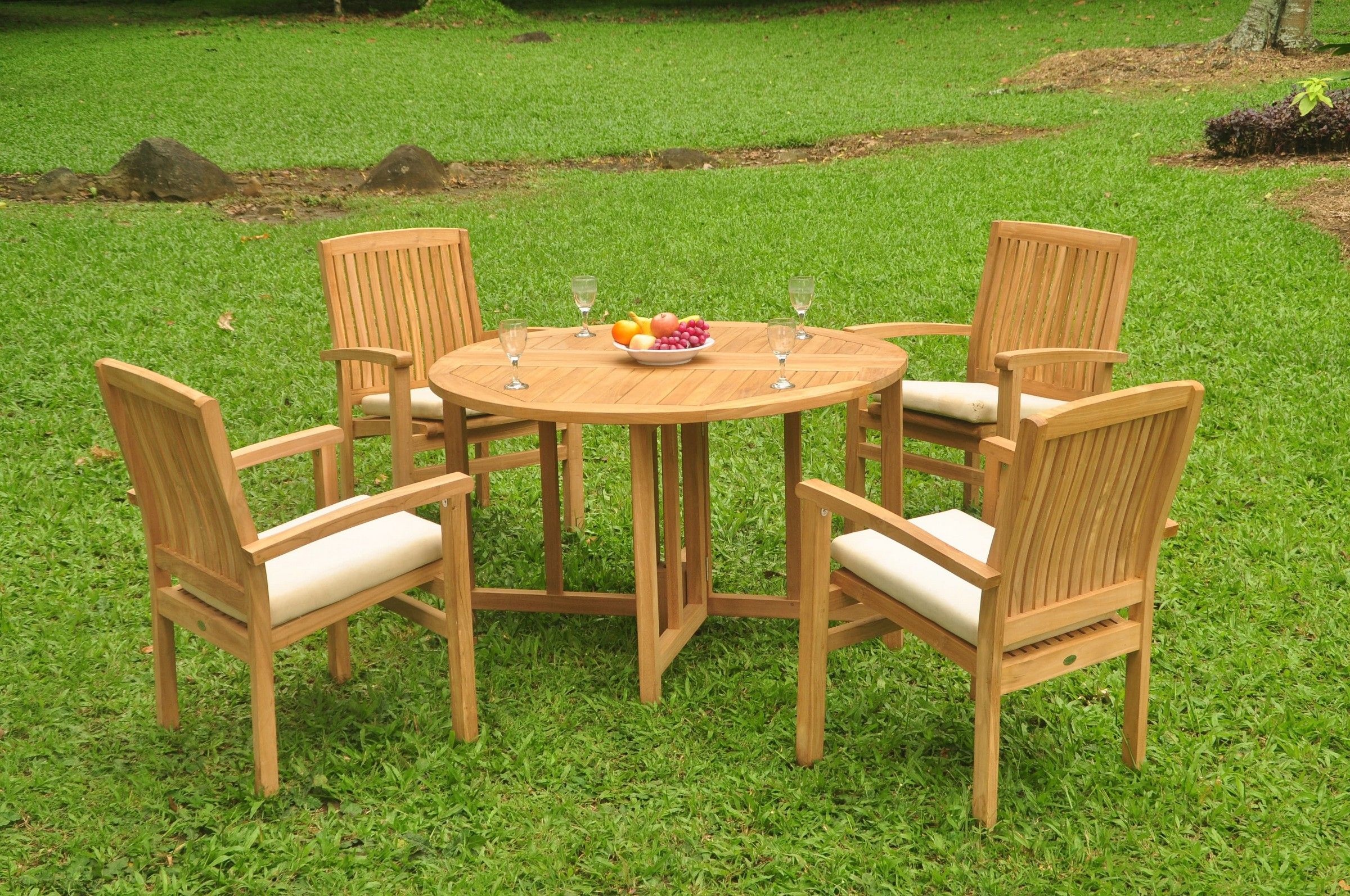 Grade A Teak Dining Set: 4 Seater 5 Pc: 48" Round Butterfly Table And 4 Inside Teak Armchair Round Patio Dining Sets (View 3 of 15)