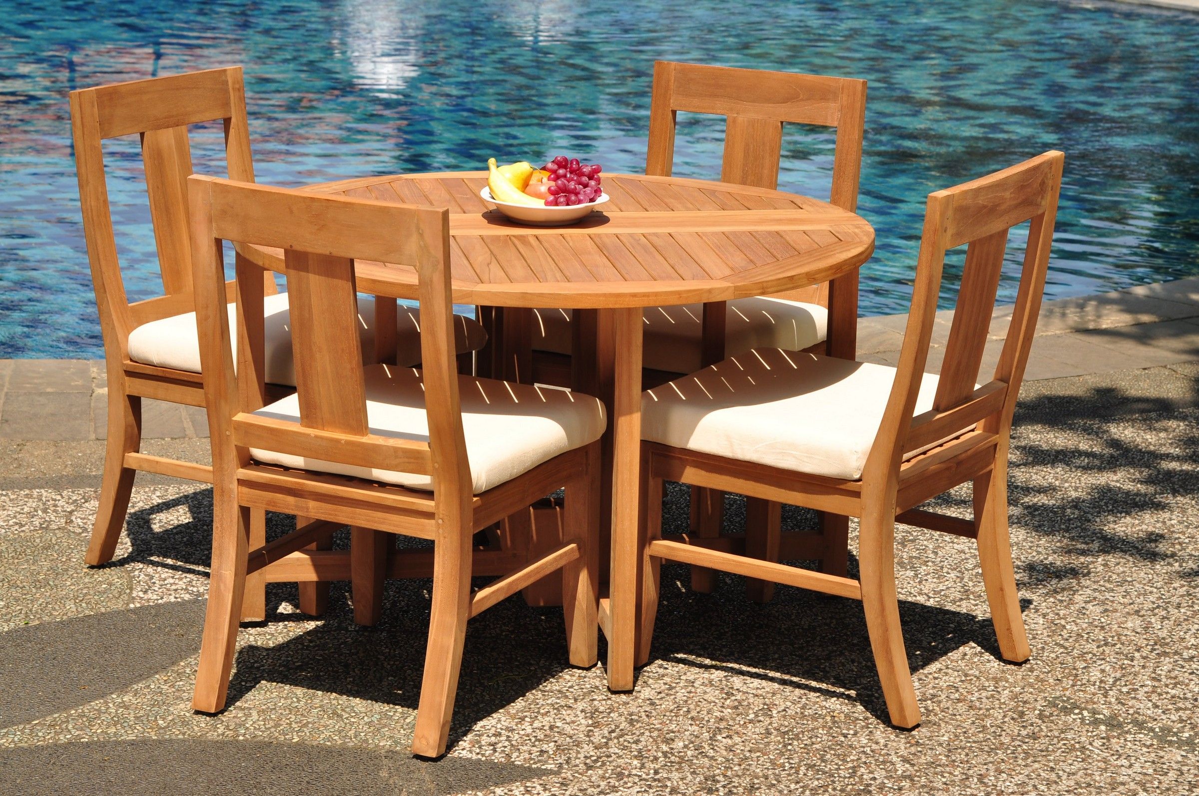 Grade A Teak Dining Set: 4 Seater 5 Pc: 48" Round Butterfly Table And 4 Pertaining To Teak Folding Chair Patio Dining Sets (View 13 of 15)