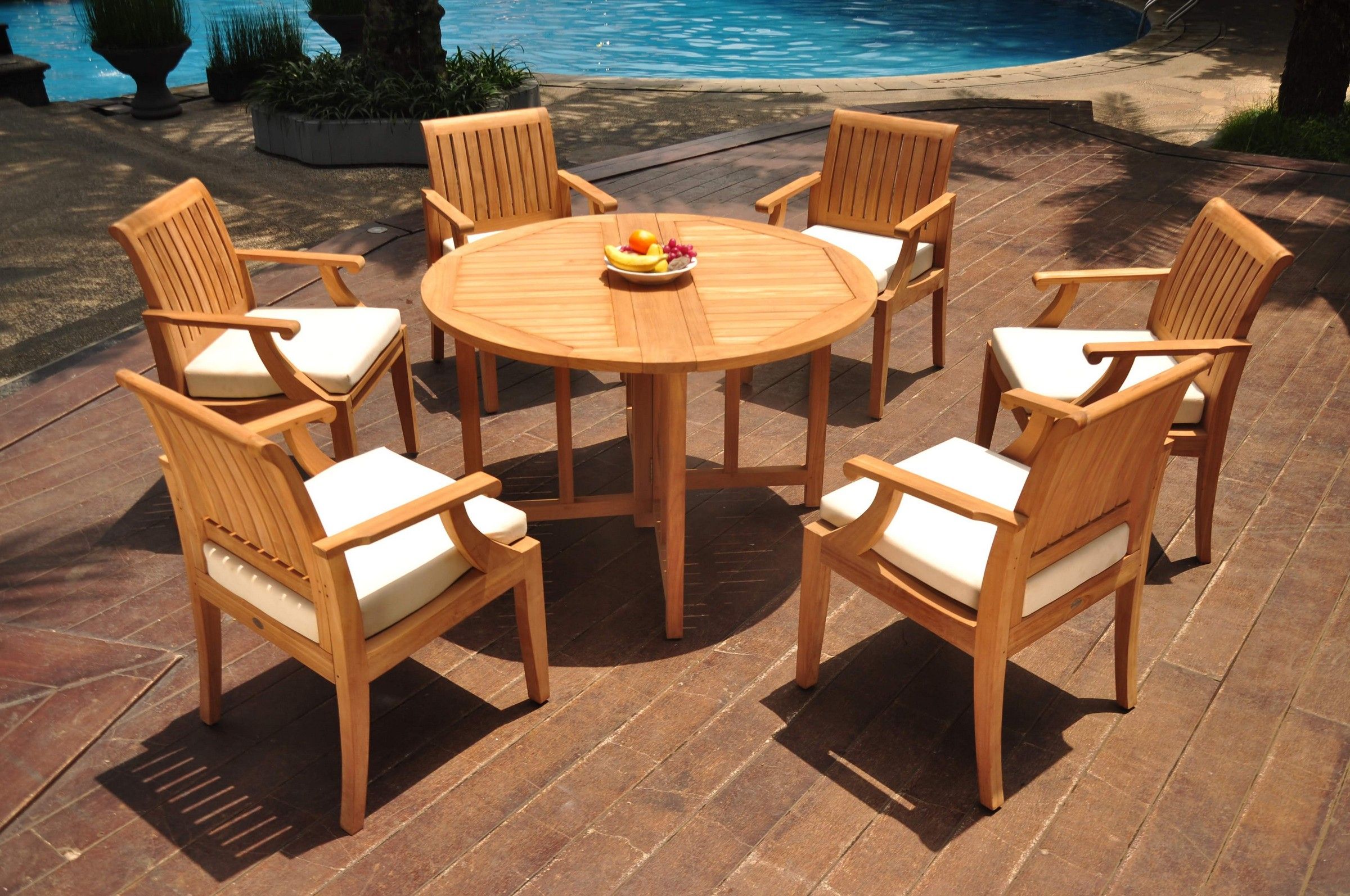 Grade A Teak Dining Set: 6 Seater 7 Pc: 48" Round Butterfly Table And 6 Regarding Teak Wood Outdoor Table And Chairs Sets (View 7 of 15)