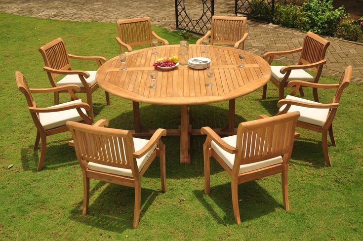 Gradea Teak Wood Dining Set 8 Seater 9 Pc: 72 Round Dining Table And 8 With Regard To Teak Armchair Round Patio Dining Sets (View 10 of 15)