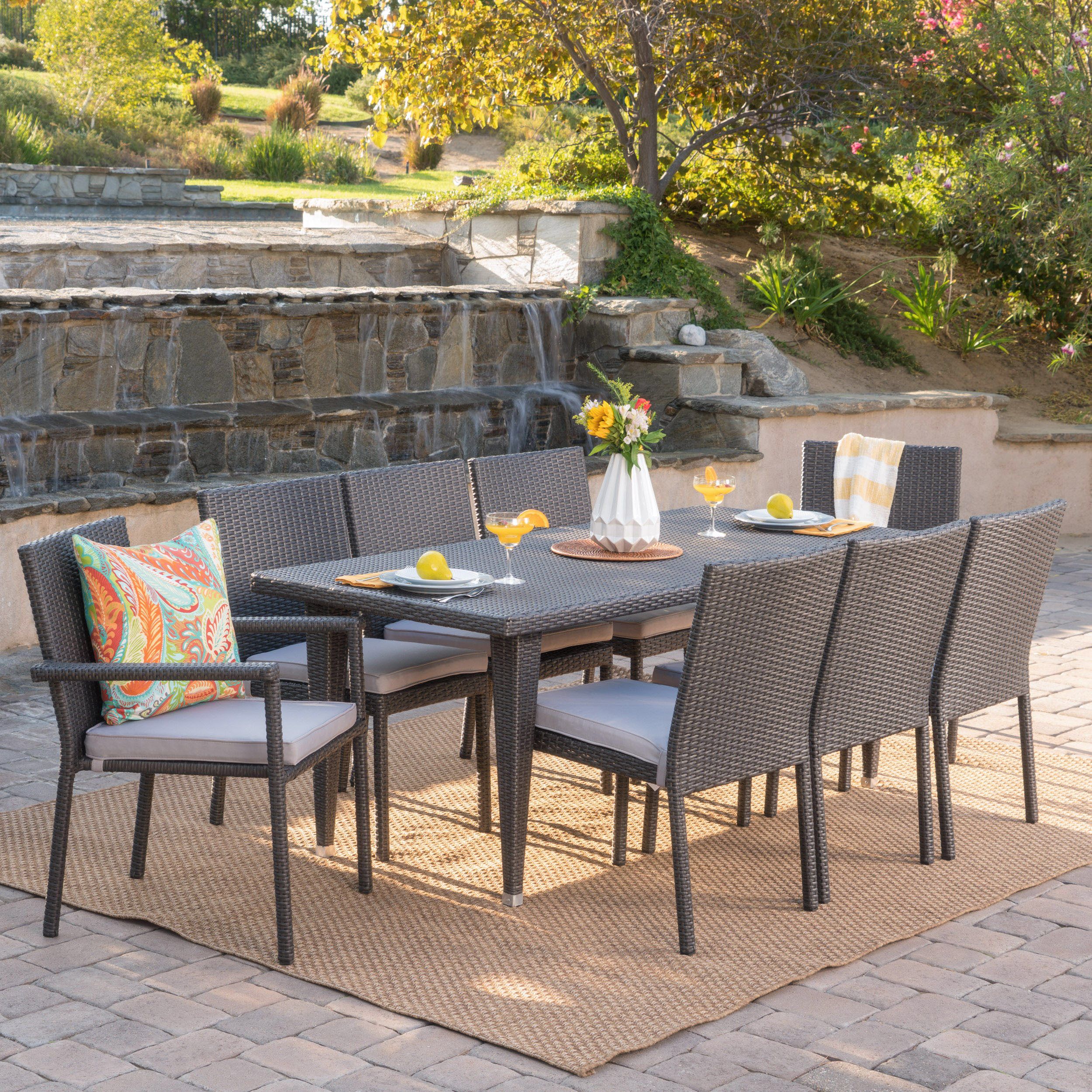 Granger Outdoor 9 Piece Wicker Rectangular Dining Set With Cushions Pertaining To Large Rectangular Patio Dining Sets (View 2 of 15)