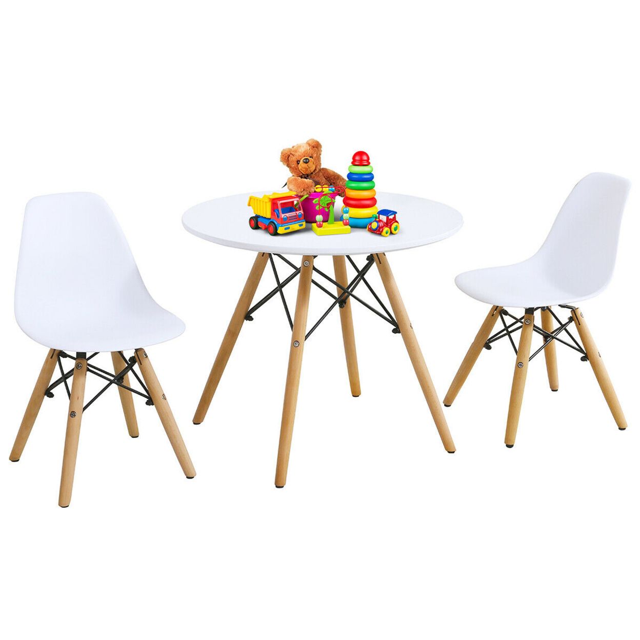 Gymax Kids Modern Dining Table Set Round Table With 2 Armless Chairs Regarding Armless Round Dining Sets (View 14 of 15)