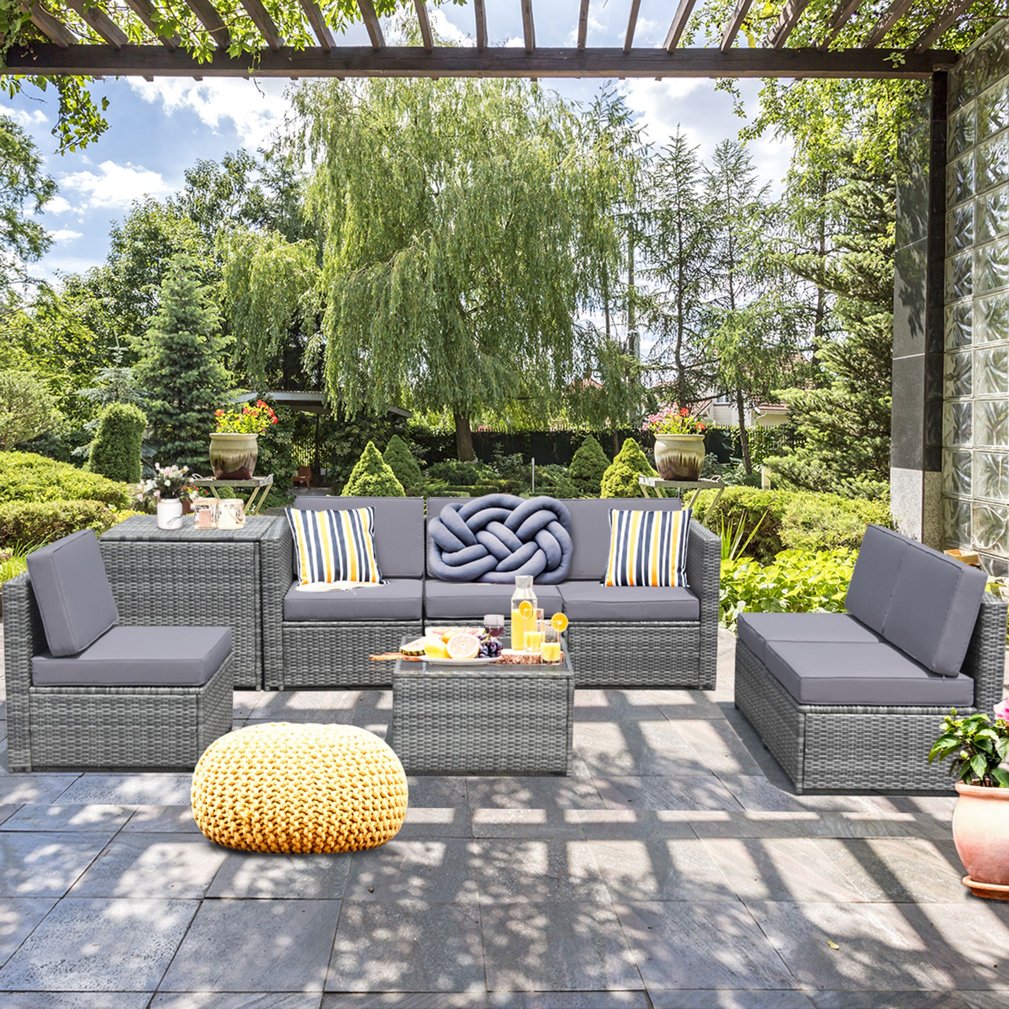 Gymax Set Of 8 Gray Rattan Wicker Sofa & Table Outdoor Cushioned Within Gray Outdoor Table And Loveseat Sets (View 12 of 15)